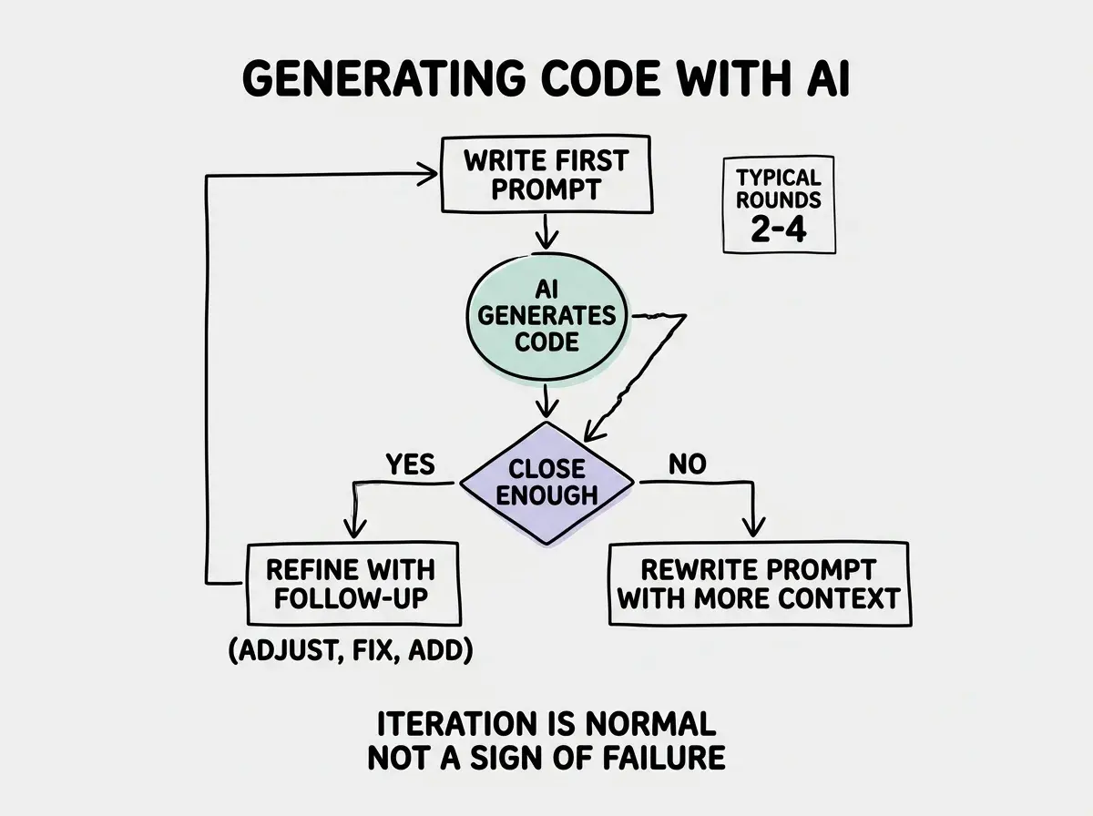 EXPLAINER DIAGRAM: A flowchart showing the iterative prompting process. Starting node labeled WRITE FIRST PROMPT flows to a box labeled AI GENERATES CODE. From there an arrow labeled REVIEW goes to a diamond decision node labeled CLOSE ENOUGH with two exits. The YES exit flows to a box labeled REFINE WITH FOLLOW-UP containing three example follow-ups: 'adjust the layout,' 'fix this error,' and 'add this feature.' That box loops back to AI GENERATES CODE. The NO exit flows to a box labeled REWRITE PROMPT WITH MORE CONTEXT which also loops back to AI GENERATES CODE. A counter on the side labeled TYPICAL ROUNDS shows the number 2-4 circled. A note at the bottom reads ITERATION IS NORMAL AND NOT A SIGN OF FAILURE.