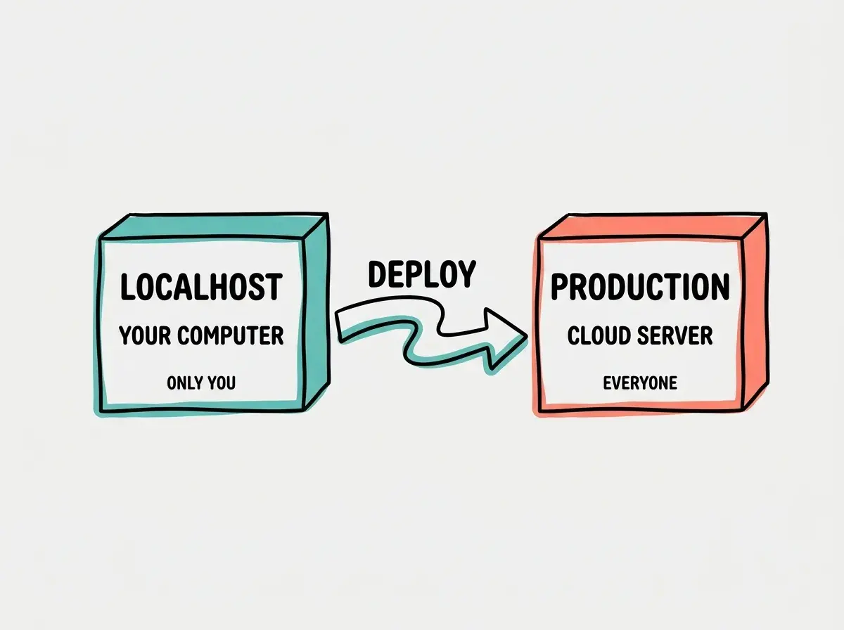 Explainer diagram with two boxes side by side. Left box labeled LOCALHOST with subtitle YOUR COMPUTER and text ONLY YOU in teal color. Right box labeled PRODUCTION with subtitle CLOUD SERVER and text EVERYONE in coral color. A dotted arrow between them labeled DEPLOY shows the transition.