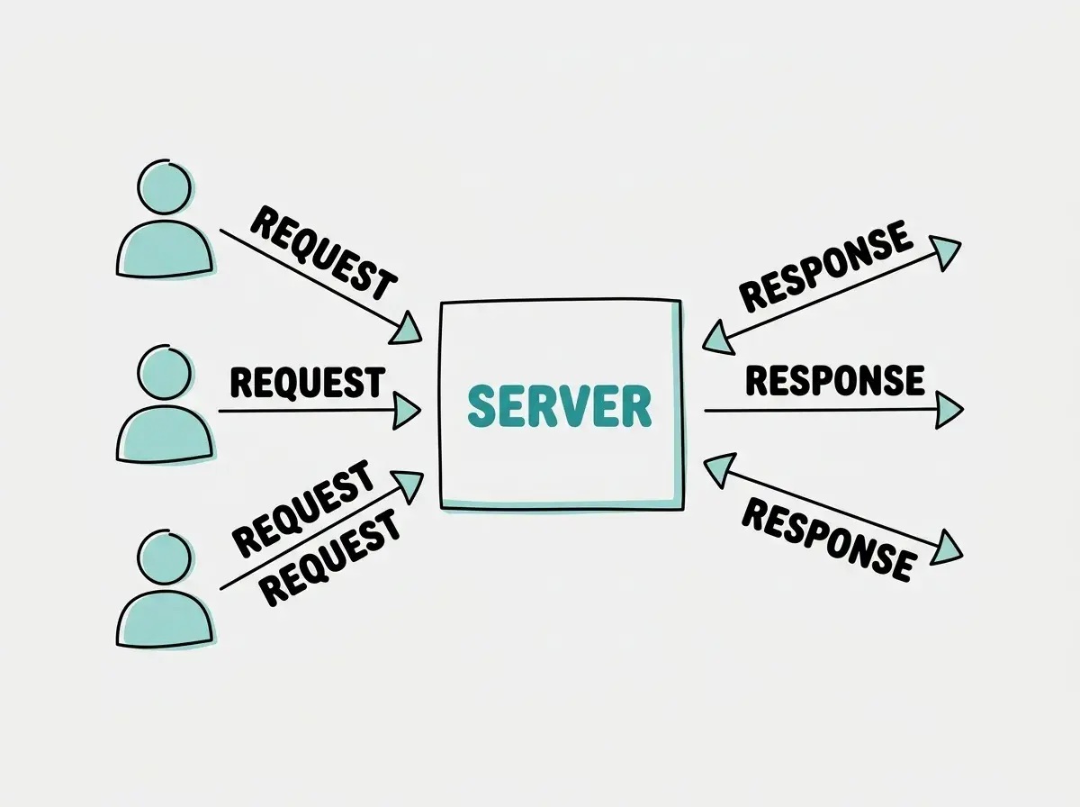 Explainer diagram showing a USER icon on the left sending a REQUEST arrow to a SERVER box in the center, with the SERVER sending a RESPONSE arrow back. Multiple user icons are shown on the left, each with their own request and response arrows, illustrating simultaneous connections.