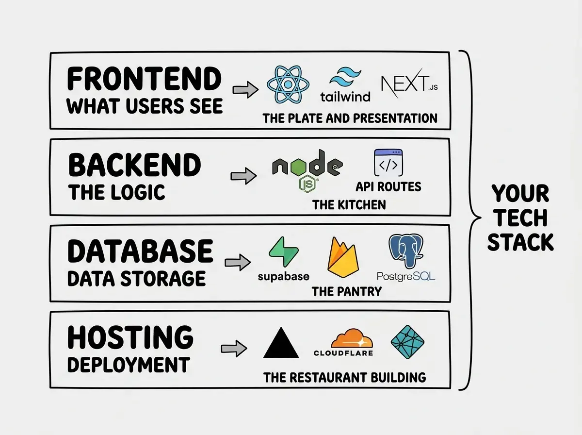EXPLAINER DIAGRAM: A four-layer horizontal diagram resembling a stacked sandwich or cake cross-section. Top layer labeled FRONTEND, WHAT USERS SEE shows icons for React, Tailwind CSS, and Next.js with the subtitle THE PLATE AND PRESENTATION. Second layer labeled BACKEND, THE LOGIC shows icons for Node.js and API Routes with the subtitle THE KITCHEN. Third layer labeled DATABASE, DATA STORAGE shows icons for Supabase, Firebase, and PostgreSQL with the subtitle THE PANTRY. Bottom layer labeled HOSTING, DEPLOYMENT shows icons for Vercel, Cloudflare, and Netlify with the subtitle THE RESTAURANT BUILDING. A bracket on the right side groups all four layers and reads YOUR TECH STACK.