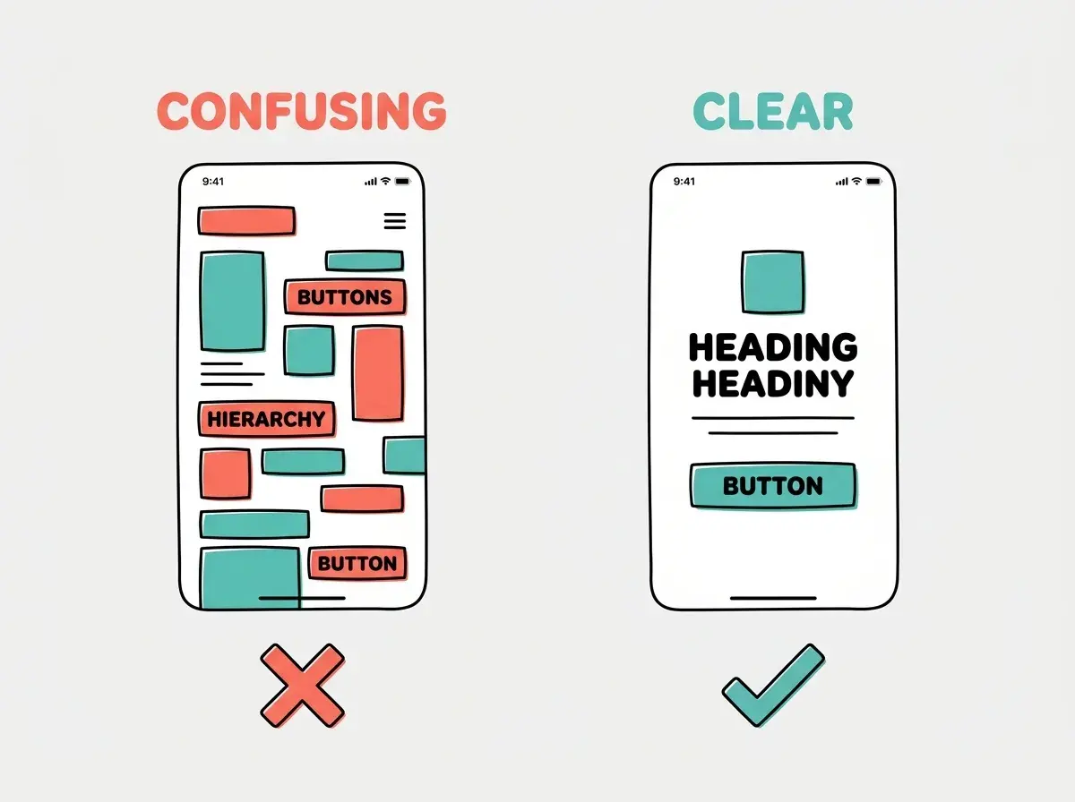 Two app screens compared: left CONFUSING screen with scattered elements and X mark in coral, right CLEAR screen with organized layout and checkmark in teal