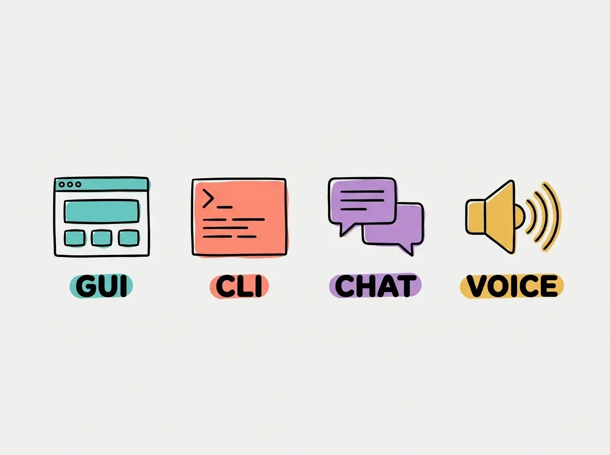 Four UI types in a row: GUI with window icon in teal, CLI with terminal icon in coral, CHAT with bubble icon in purple, VOICE with speaker icon in yellow