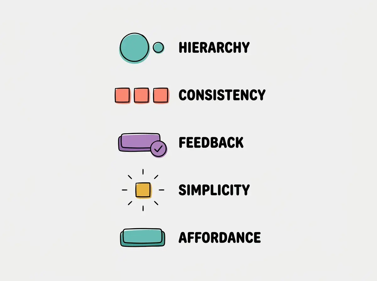 Five UI principles stacked: HIERARCHY with size contrast, CONSISTENCY with matching shapes, FEEDBACK with button response, SIMPLICITY with whitespace, AFFORDANCE with clickable button shape