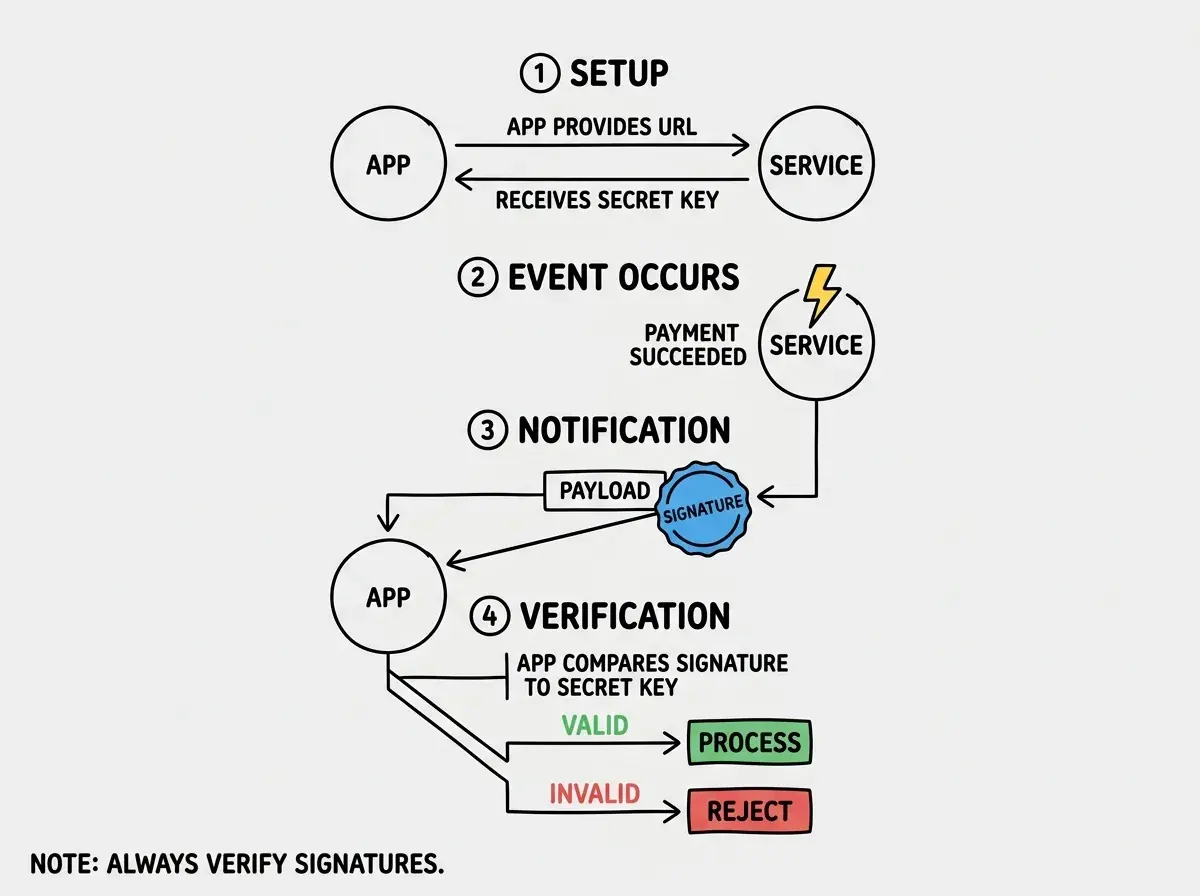 EXPLAINER DIAGRAM: A vertical sequence diagram showing the lifecycle of a secure webhook. Step 1 labeled SETUP shows your app providing a URL and receiving a secret key from the external service, with a key icon and arrows between two server boxes. Step 2 labeled EVENT OCCURS shows the external service box with a lightning bolt icon and the text PAYMENT SUCCEEDED. Step 3 labeled NOTIFICATION shows an arrow from the external service to your app carrying a payload box and a signature badge. Step 4 labeled VERIFICATION shows your app comparing the signature against the secret key, with a green checkmark for VALID leading to PROCESS EVENT and a red X for INVALID leading to REJECT REQUEST. A sidebar note reads ALWAYS VERIFY WEBHOOK SIGNATURES AND NEVER SKIP THIS STEP.