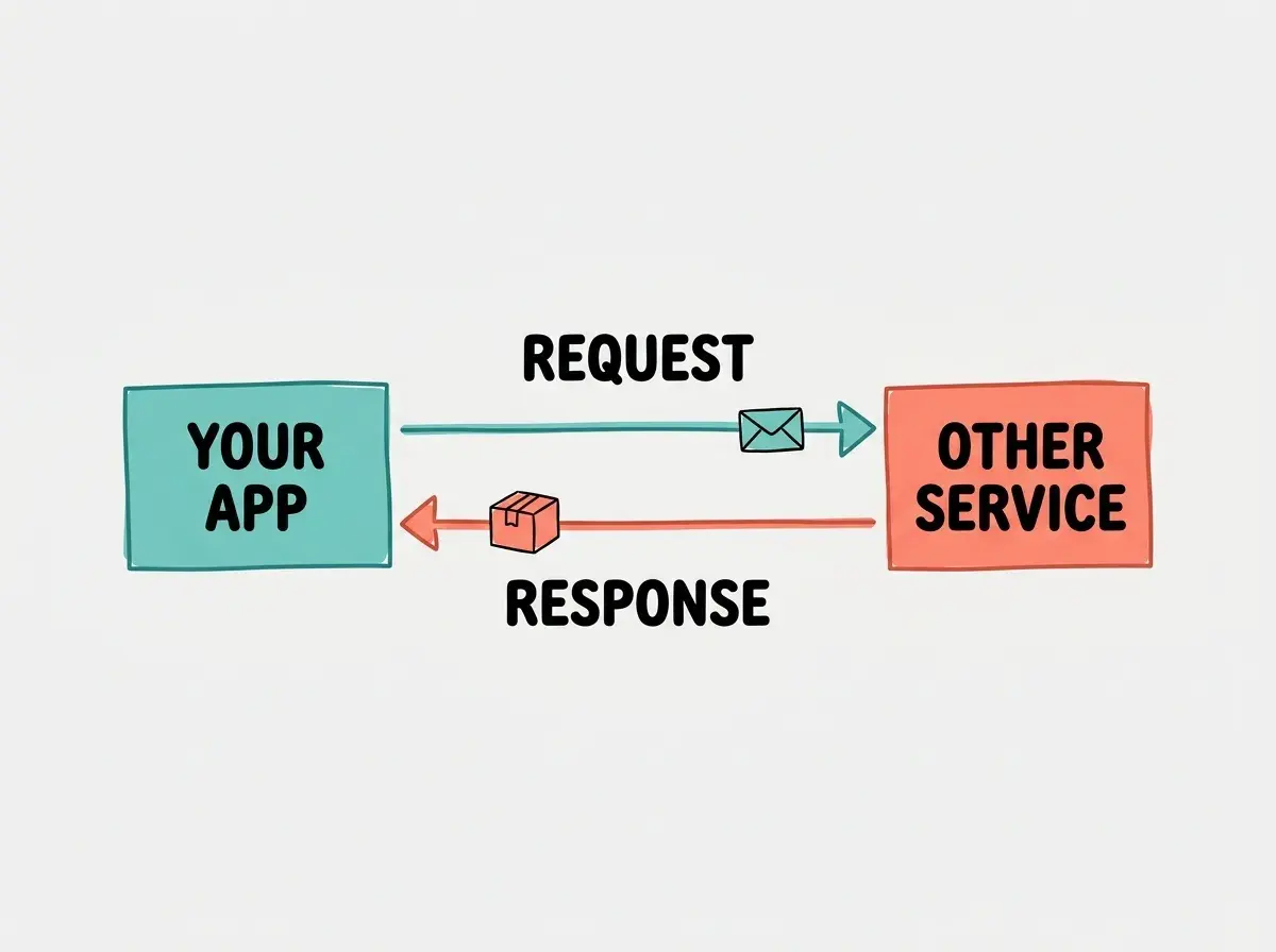 Explainer diagram showing YOUR APP on the left as a box with a person icon, an arrow labeled REQUEST pointing right to a box labeled API WAITER in the middle, another arrow pointing right to a box labeled EXTERNAL SERVICE showing a kitchen icon, then a return arrow labeled RESPONSE going back left from the service through the API waiter to your app