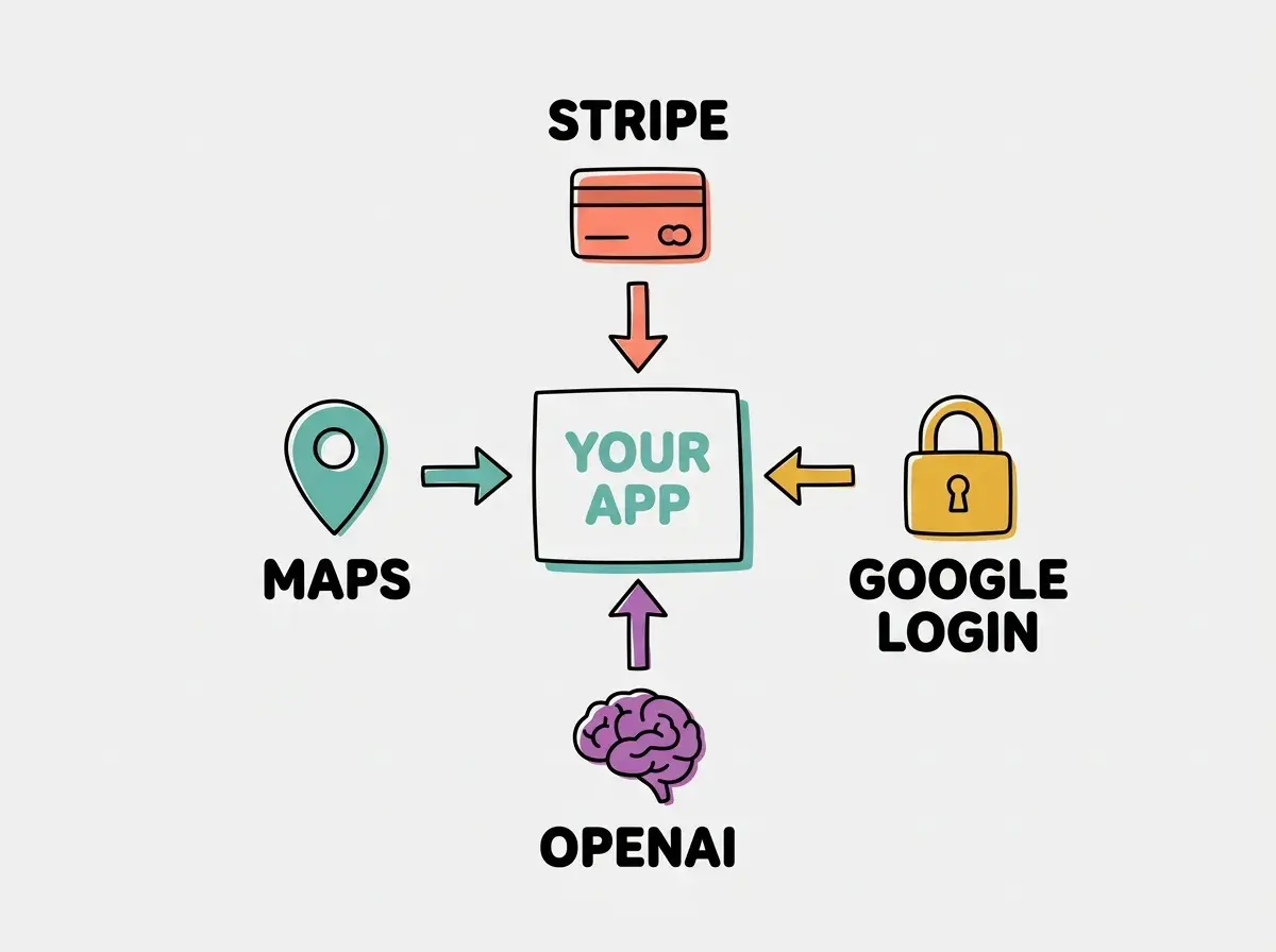 Explainer diagram showing four service icons in a row at the top, STRIPE with a dollar sign, GOOGLE with a lock icon, OPENAI with a brain icon, and MAPS with a pin icon, each with a downward arrow pointing to a central box at the bottom labeled YOUR APP with bidirectional arrows between each service and the app