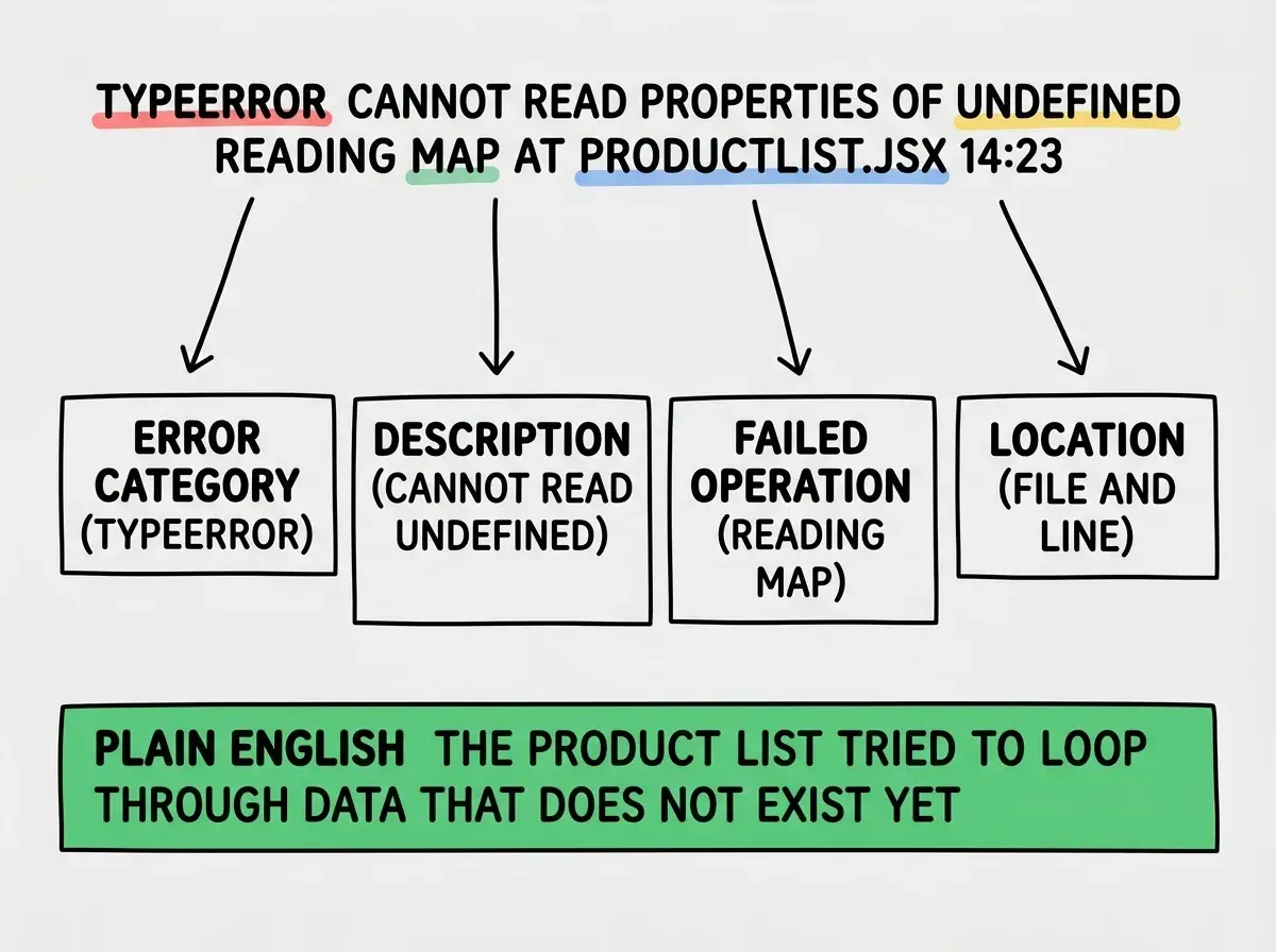 EXPLAINER DIAGRAM: An annotated error message breakdown. At the top, a red-bordered box contains the full error text 'TypeError: Cannot read properties of undefined (reading map) at ProductList (ProductList.jsx:14:23).' Below, four arrows point from different parts of the error to labeled explanation boxes arranged horizontally. First arrow from 'TypeError' points to a box labeled ERROR CATEGORY reading 'What kind of problem.' Second arrow from 'Cannot read properties of undefined' points to a box labeled DESCRIPTION reading 'What specifically went wrong.' Third arrow from 'reading map' points to a box labeled FAILED OPERATION reading 'What the code was trying to do.' Fourth arrow from 'ProductList.jsx:14:23' points to a box labeled LOCATION reading 'Which file and which line number.' A green bar at the bottom reads PLAIN ENGLISH: the product list tried to loop through data that does not exist yet.