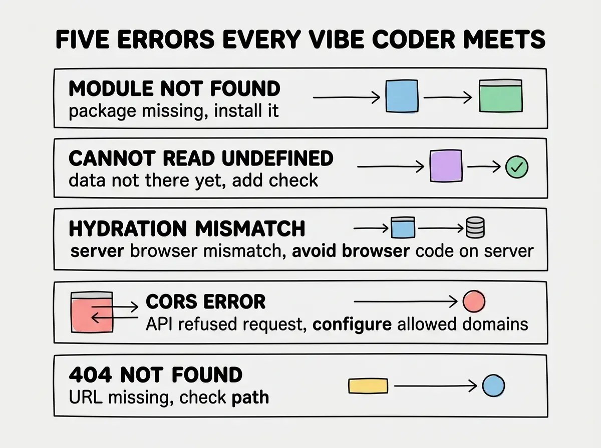 EXPLAINER DIAGRAM: A vertical list of five common errors styled as diagnostic cards. Each card has three columns: left column shows the error name in bold, middle column shows a one-line plain English translation, right column shows a wrench icon with the typical fix. Card 1: MODULE NOT FOUND, 'A required package is missing,' 'Install the package or fix the file path.' Card 2: CANNOT READ PROPERTIES OF UNDEFINED, 'Expected data is not there yet,' 'Add a check before using the data.' Card 3: HYDRATION MISMATCH, 'Server and browser HTML do not match,' 'Avoid browser-only code during server rendering.' Card 4: CORS ERROR, 'API refused your browser request,' 'Configure the API to allow your domain.' Card 5: 404 NOT FOUND, 'The URL does not exist,' 'Check the endpoint or file path.' A header above the list reads THE FIVE ERRORS EVERY VIBE CODER MEETS.