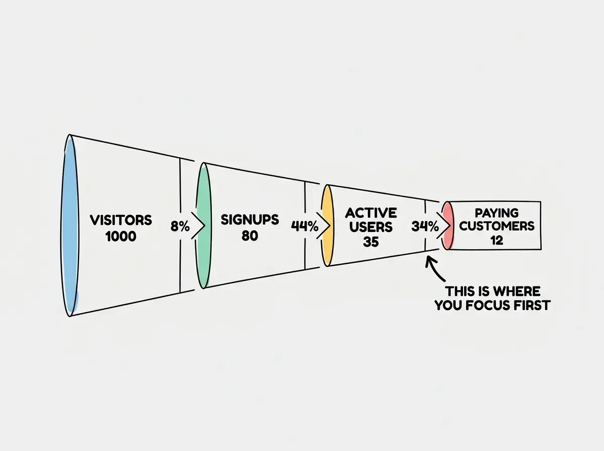 EXPLAINER DIAGRAM: A horizontal funnel diagram with four stages flowing left to right. Stage 1 on the far left is a wide opening labeled VISITORS with the number 1000 and a globe icon. Stage 2 narrows slightly and is labeled SIGNUPS with the number 80 and a form icon. Stage 3 narrows further and is labeled ACTIVE USERS with the number 35 and a checkmark icon. Stage 4 is the narrowest point labeled PAYING CUSTOMERS with the number 12 and a dollar icon. Between each stage a percentage label shows the conversion rate: 8 PERCENT between visitors and signups, 44 PERCENT between signups and active users, 34 PERCENT between active users and paying customers. A callout arrow points to the narrowest gap with the text THIS IS WHERE YOU FOCUS FIRST.