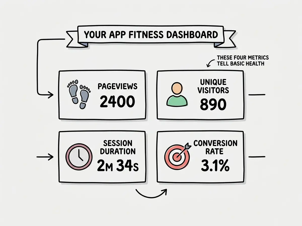 EXPLAINER DIAGRAM: A fitness tracker dashboard with four metric cards arranged in a two-by-two grid. Top left card shows a footprint icon labeled PAGEVIEWS with the subtitle HOW MANY PAGES WERE LOADED and a sample number 2,400. Top right card shows a person icon labeled UNIQUE VISITORS with the subtitle HOW MANY DIFFERENT PEOPLE CAME and a sample number 890. Bottom left card shows a clock icon labeled SESSION DURATION with the subtitle HOW LONG DID THEY STAY and a sample reading 2M 34S. Bottom right card shows a target icon labeled CONVERSION RATE with the subtitle DID THEY DO THE THING YOU WANTED and a sample reading 3.1 PERCENT. A banner across the top reads YOUR APP FITNESS DASHBOARD. Below the grid a note reads THESE FOUR METRICS TELL YOU THE BASIC HEALTH OF YOUR APP.