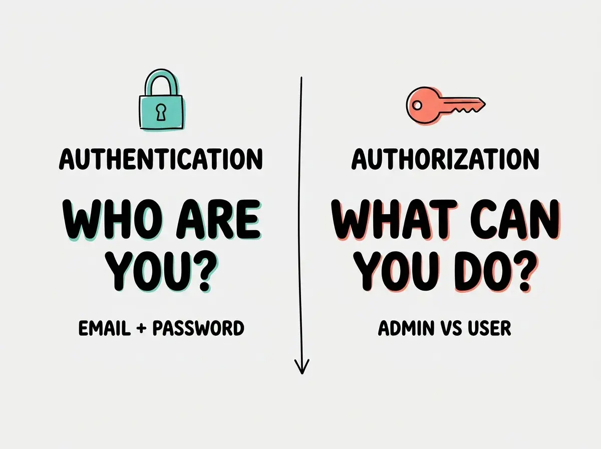 Explainer two-column comparison: left column labeled AUTHENTICATION in teal with a large question WHO ARE YOU and icons of an ID card and password field, right column labeled AUTHORIZATION in coral with a large question WHAT CAN YOU DO and icons of a permission checklist and a locked door