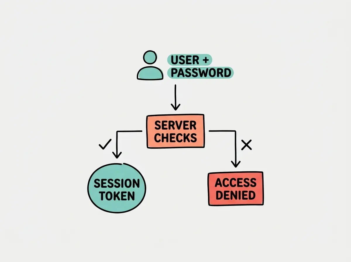 Explainer flow diagram: USER box with a key icon enters PASSWORD into a SERVER CHECKS box with a magnifying glass, two arrows branch out, one with a green checkmark leading to SESSION TOKEN represented as a wristband, one with a red X leading to ACCESS DENIED with a stop sign