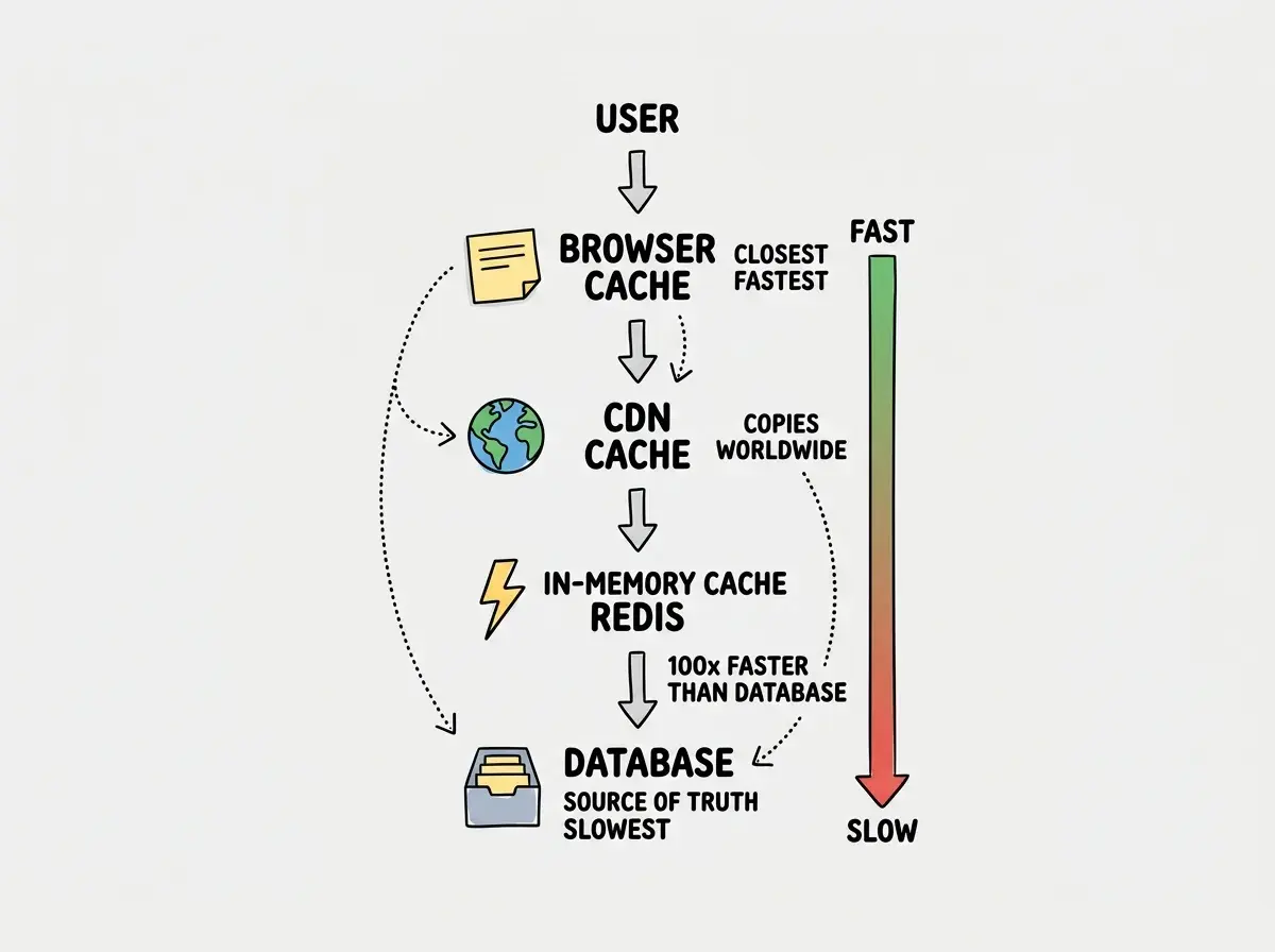 EXPLAINER DIAGRAM: A vertical flow diagram showing four layers of caching between a user and a database. At the top, a stick figure labeled USER with an arrow pointing down to a box labeled BROWSER CACHE with a sticky note icon and the text CLOSEST TO USER, FASTEST. Below that, an arrow to a box labeled CDN CACHE with a globe icon and the text COPIES AROUND THE WORLD. Below that, an arrow to a box labeled IN-MEMORY CACHE (REDIS) with a lightning bolt icon and the text 100x FASTER THAN DATABASE. Below that, an arrow to a box labeled DATABASE with a filing cabinet icon and the text SOURCE OF TRUTH, SLOWEST. On the right side, a vertical gradient bar runs from green at the top labeled FAST to red at the bottom labeled SLOW. Dotted arrows show a cache miss path going all the way down to the database and a cache hit path stopping at the CDN layer.