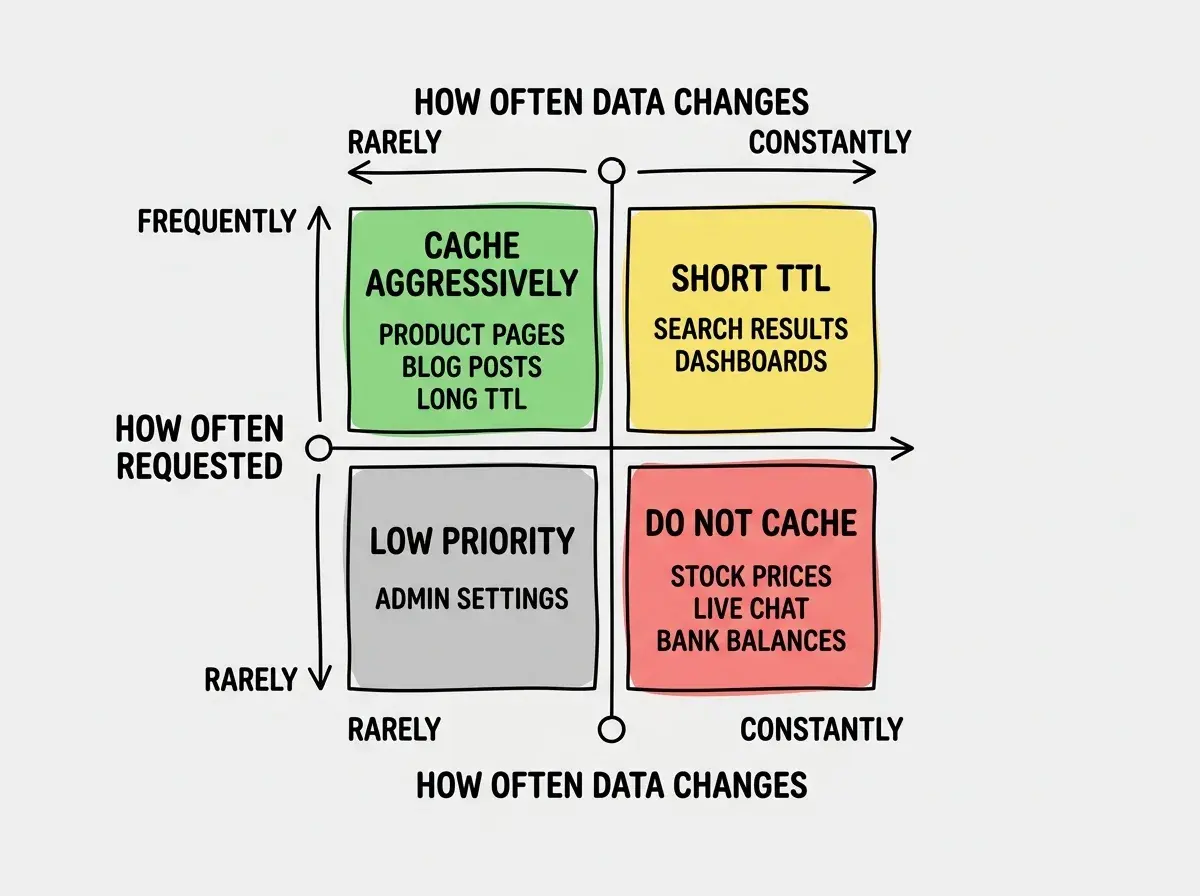 EXPLAINER DIAGRAM: A two-by-two matrix grid. The horizontal axis is labeled HOW OFTEN DATA CHANGES with LEFT side labeled RARELY and RIGHT side labeled CONSTANTLY. The vertical axis is labeled HOW OFTEN DATA IS REQUESTED with TOP labeled FREQUENTLY and BOTTOM labeled RARELY. Top-left quadrant is highlighted green and labeled CACHE AGGRESSIVELY with examples PRODUCT PAGES, BLOG POSTS, USER PROFILES and a note LONG TTL, HIGH BENEFIT. Top-right quadrant is highlighted yellow and labeled CACHE WITH SHORT TTL with examples SEARCH RESULTS, DASHBOARDS, FEEDS and a note SHORT TTL, STILL VALUABLE. Bottom-left quadrant is highlighted light gray and labeled LOW PRIORITY with examples ADMIN SETTINGS, ARCHIVED REPORTS and a note CACHING OPTIONAL. Bottom-right quadrant is highlighted red and labeled DO NOT CACHE with examples STOCK PRICES, LIVE CHAT, BANK BALANCES and a note ALWAYS FETCH FRESH.