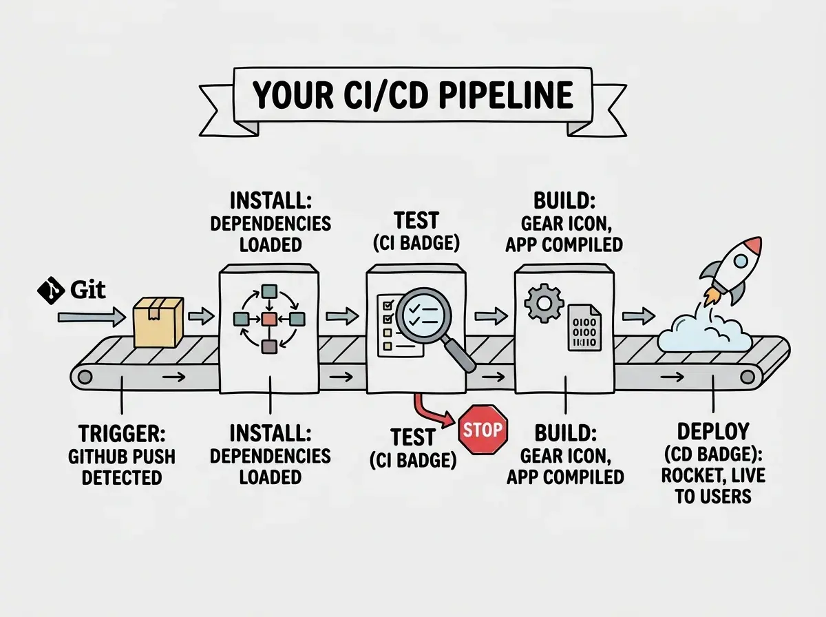 EXPLAINER DIAGRAM: A horizontal conveyor belt illustration with five stations arranged left to right. Station 1 labeled TRIGGER shows a GitHub logo icon with a push arrow and the text GIT PUSH DETECTED. Station 2 labeled INSTALL shows a package box icon with the text DEPENDENCIES LOADED. Station 3 labeled TEST with a CI badge shows a magnifying glass icon with a checklist and the text TESTS PASS OR FAIL with a red STOP sign branching downward labeled LINE STOPS, ERROR SENT. Station 4 labeled BUILD shows a gear and box icon with the text APP COMPILED. Station 5 labeled DEPLOY with a CD badge shows a rocket icon with the text LIVE TO USERS. The conveyor belt connects all five stations with arrows. Above the belt a banner reads YOUR CI/CD PIPELINE and below Station 3 a label reads IF FAIL, NOTHING REACHES USERS.