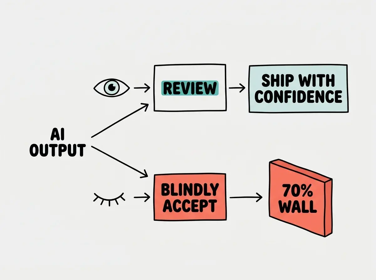 Two paths from AI OUTPUT: top path through REVIEW to SHIP WITH CONFIDENCE in teal, bottom path through BLINDLY ACCEPT to 70% WALL in coral red