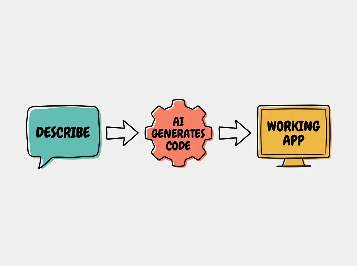 Flow diagram showing three steps: DESCRIBE in a speech bubble, arrow to AI GENERATES CODE in a gear shape, arrow to WORKING APP in a screen shape
