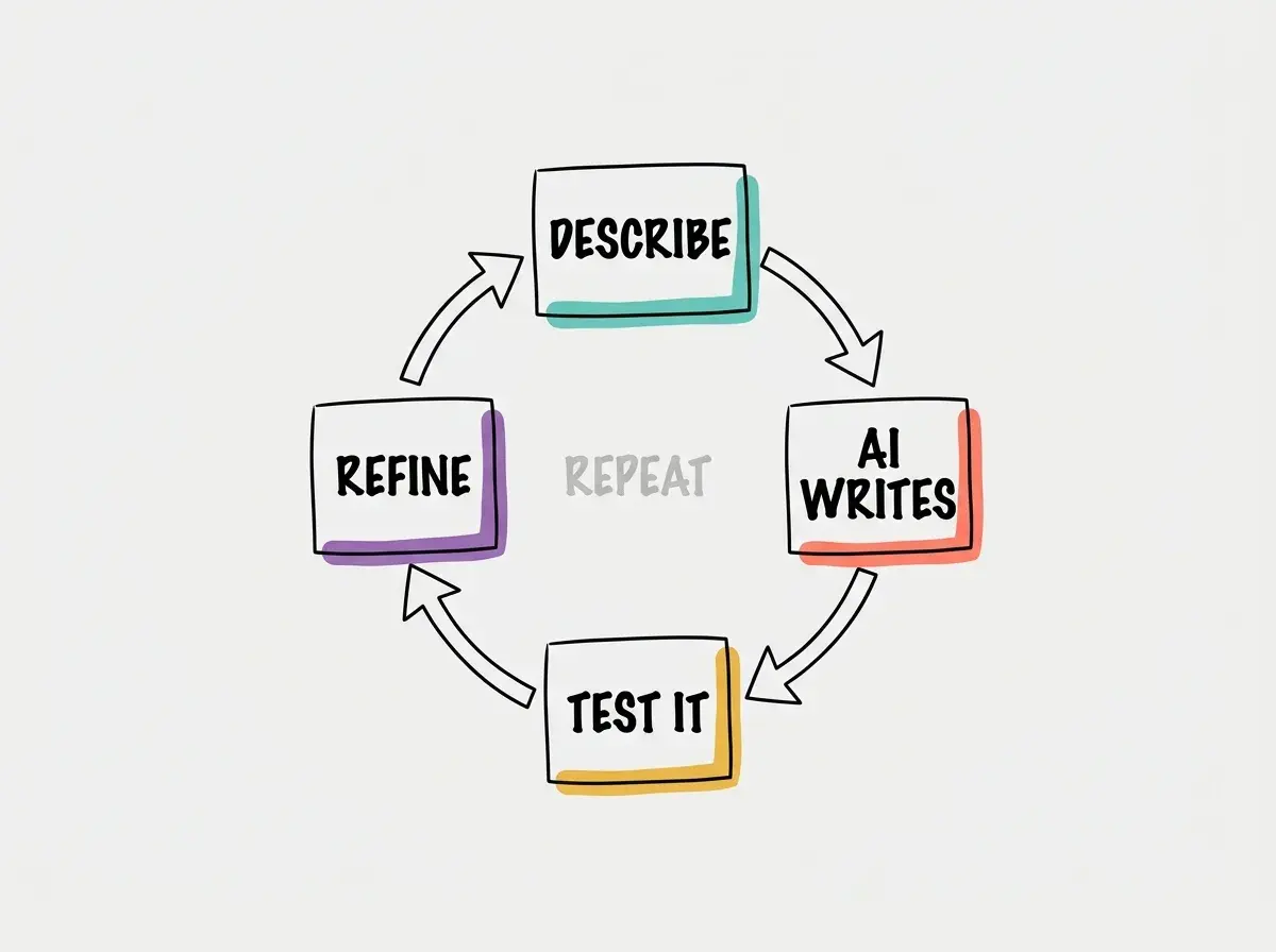 Circular loop with four steps: DESCRIBE, AI WRITES, TEST IT, REFINE, connected by arrows in a continuous cycle
