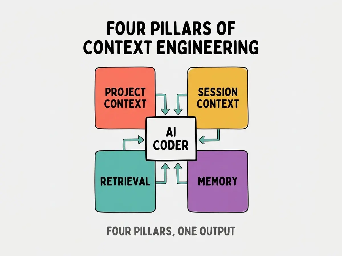 Flow diagram of four context pillars feeding into a central AI CODER box. Top left labeled PROJECT CONTEXT (claude.md icon), top right labeled SESSION CONTEXT (file tabs icon), bottom left labeled RETRIEVAL (search and MCP icons), bottom right labeled MEMORY (notebook icon). Each pillar has a teal arrow pointing inward to a central box labeled AI CODER. A small label at the bottom reads FOUR PILLARS, ONE OUTPUT. Light gray background, teal accents.