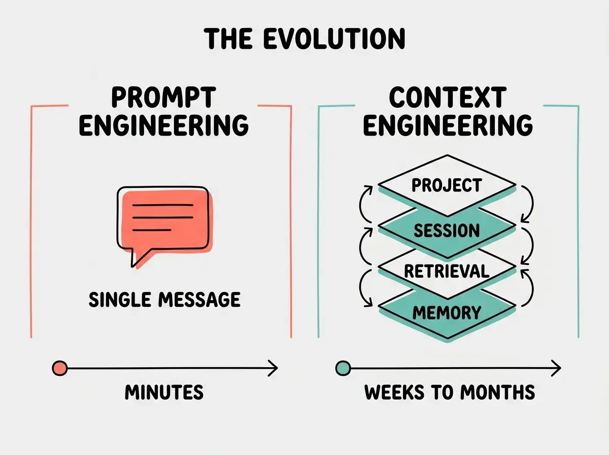 Two side-by-side panels comparing PROMPT ENGINEERING and CONTEXT ENGINEERING. Left panel labeled PROMPT ENGINEERING shows one chat bubble icon with a label SINGLE MESSAGE underneath, time scale shows MINUTES. Right panel labeled CONTEXT ENGINEERING shows four stacked layers (PROJECT, SESSION, RETRIEVAL, MEMORY) with arrows between them, time scale shows WEEKS TO MONTHS. Both panels share a top header THE EVOLUTION. Coral red for prompt panel, teal for context panel. Light gray background, bold all caps labels.