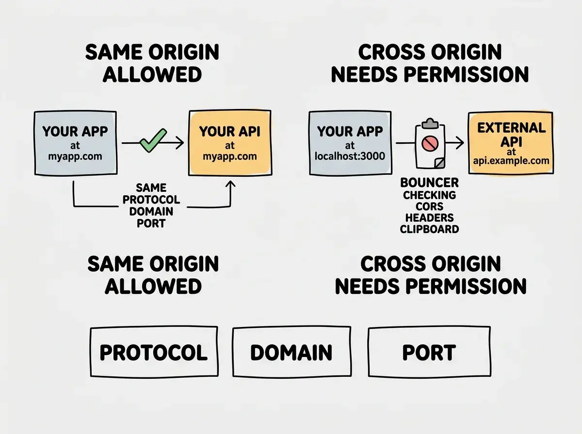 EXPLAINER DIAGRAM: A two-panel comparison. Left panel labeled SAME ORIGIN, ALLOWED shows a box labeled YOUR APP at myapp.com with an arrow pointing to another box labeled YOUR API at myapp.com, with a green checkmark and the label SAME PROTOCOL PLUS DOMAIN PLUS PORT. Right panel labeled CROSS ORIGIN, NEEDS PERMISSION shows a box labeled YOUR APP at localhost:3000 with an arrow pointing to a box labeled EXTERNAL API at api.example.com, with a bouncer icon between them checking a clipboard labeled CORS HEADERS. Below both panels, three small boxes show the three parts of an origin: PROTOCOL such as https, DOMAIN such as example.com, and PORT such as 3000.