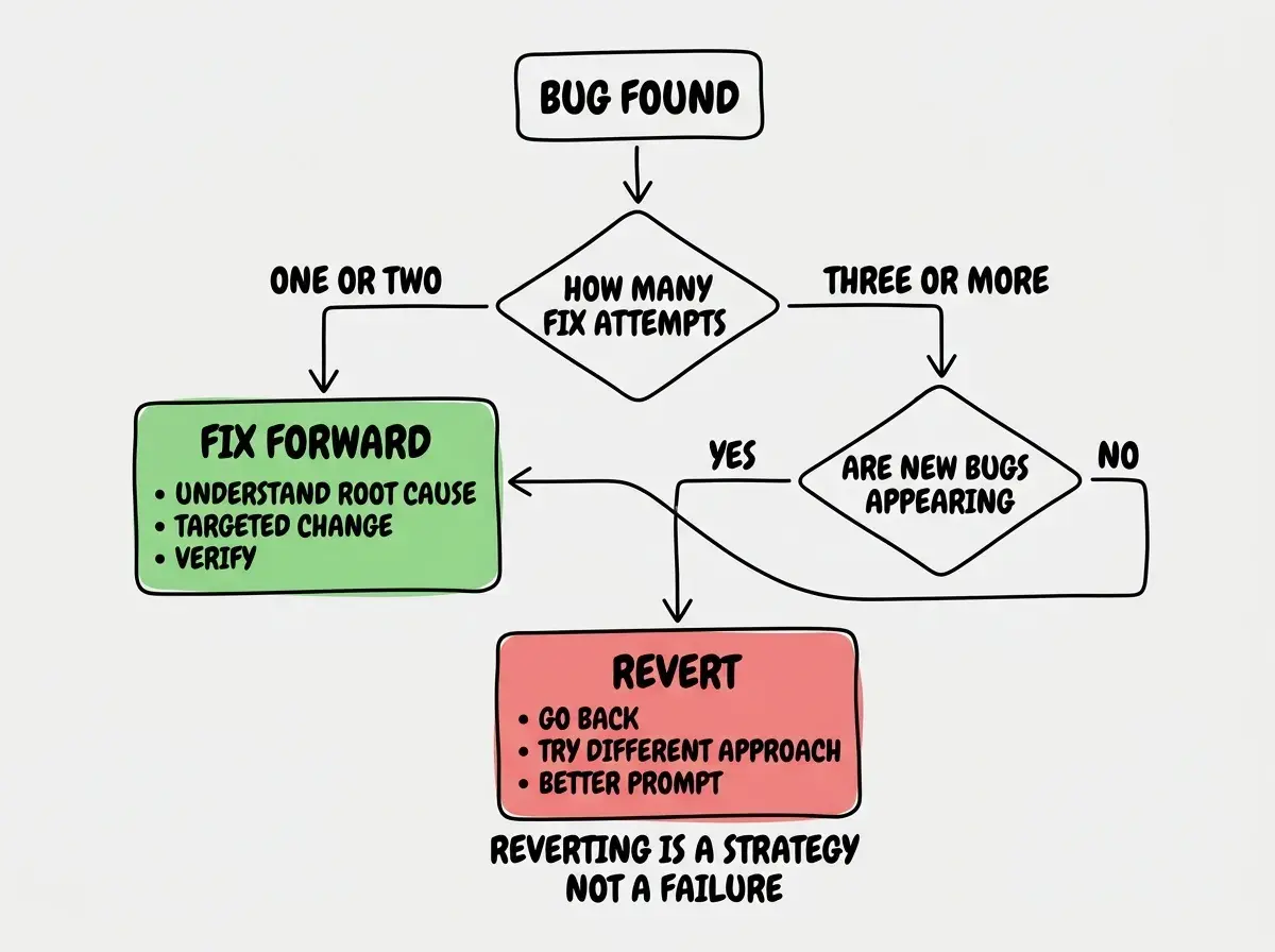 EXPLAINER DIAGRAM: A decision tree for choosing between reverting and fixing forward. Starting node labeled BUG FOUND branches into a diamond labeled HOW MANY FIX ATTEMPTS with two exits. Left exit labeled ONE OR TWO leads to a green box labeled FIX FORWARD with bullets reading 'Understand the root cause,' 'Make a targeted change,' and 'Verify no new issues.' Right exit labeled THREE OR MORE leads to a yellow diamond labeled ARE NEW BUGS APPEARING with two exits. YES exit leads to a red box labeled REVERT with bullets reading 'Go back to last working version,' 'Try a different approach,' and 'Write a better prompt.' NO exit leads back to the green FIX FORWARD box. A note at the bottom reads REVERTING IS A STRATEGY AND NOT A FAILURE.