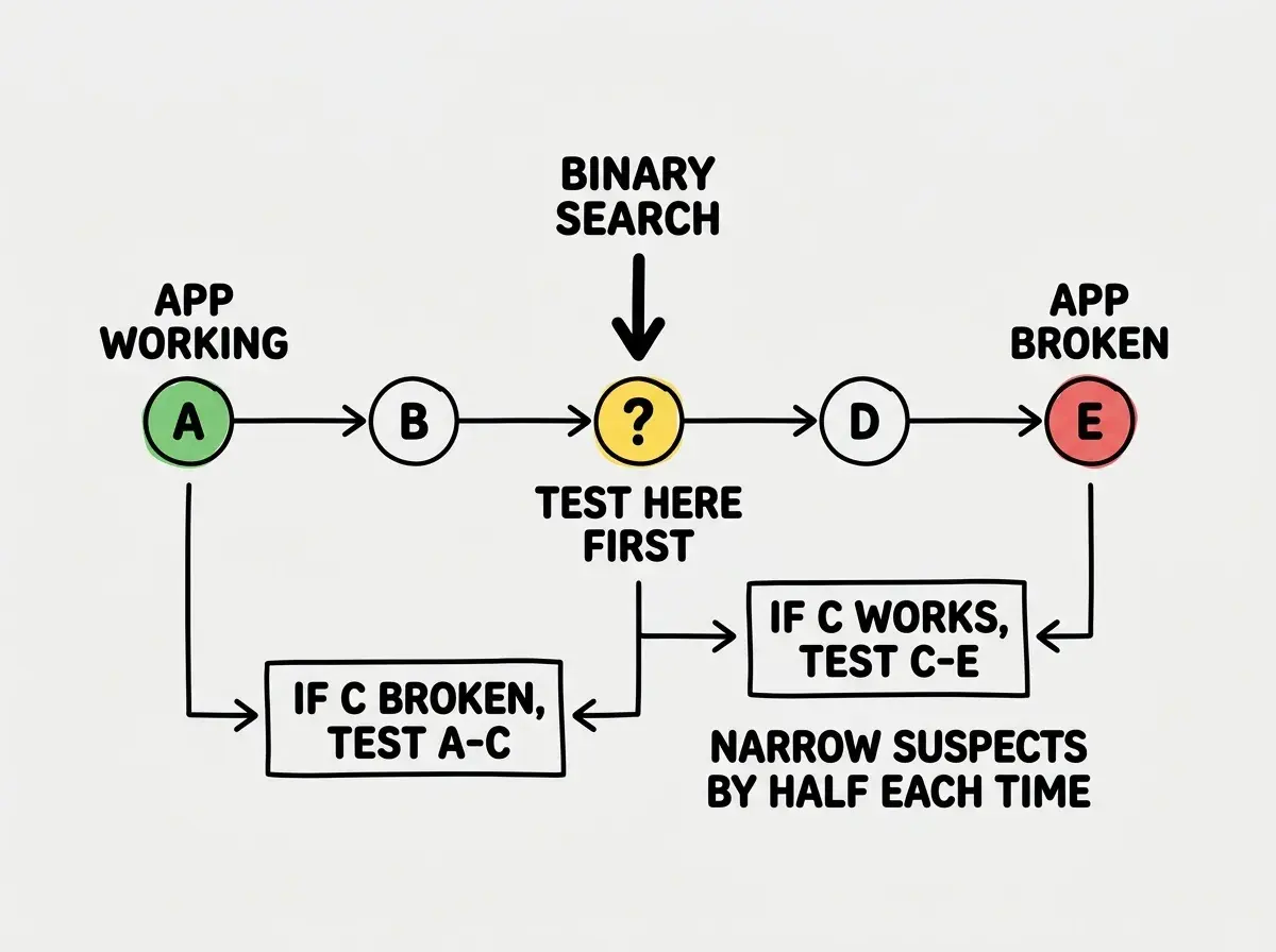 EXPLAINER DIAGRAM: A horizontal timeline showing five commits as circles on a line, labeled left to right as COMMIT A, COMMIT B, COMMIT C, COMMIT D, and COMMIT E. COMMIT A is colored green with the label APP WORKING. COMMIT E is colored red with the label APP BROKEN. An arrow labeled BINARY SEARCH points to COMMIT C in the middle, colored yellow with a question mark and the label TEST HERE FIRST. Below, two branching paths show the next step: if COMMIT C works, test between C and E; if COMMIT C is broken, test between A and C. A note at the bottom reads NARROW THE SUSPECTS BY HALF EACH TIME INSTEAD OF CHECKING EVERY CHANGE.