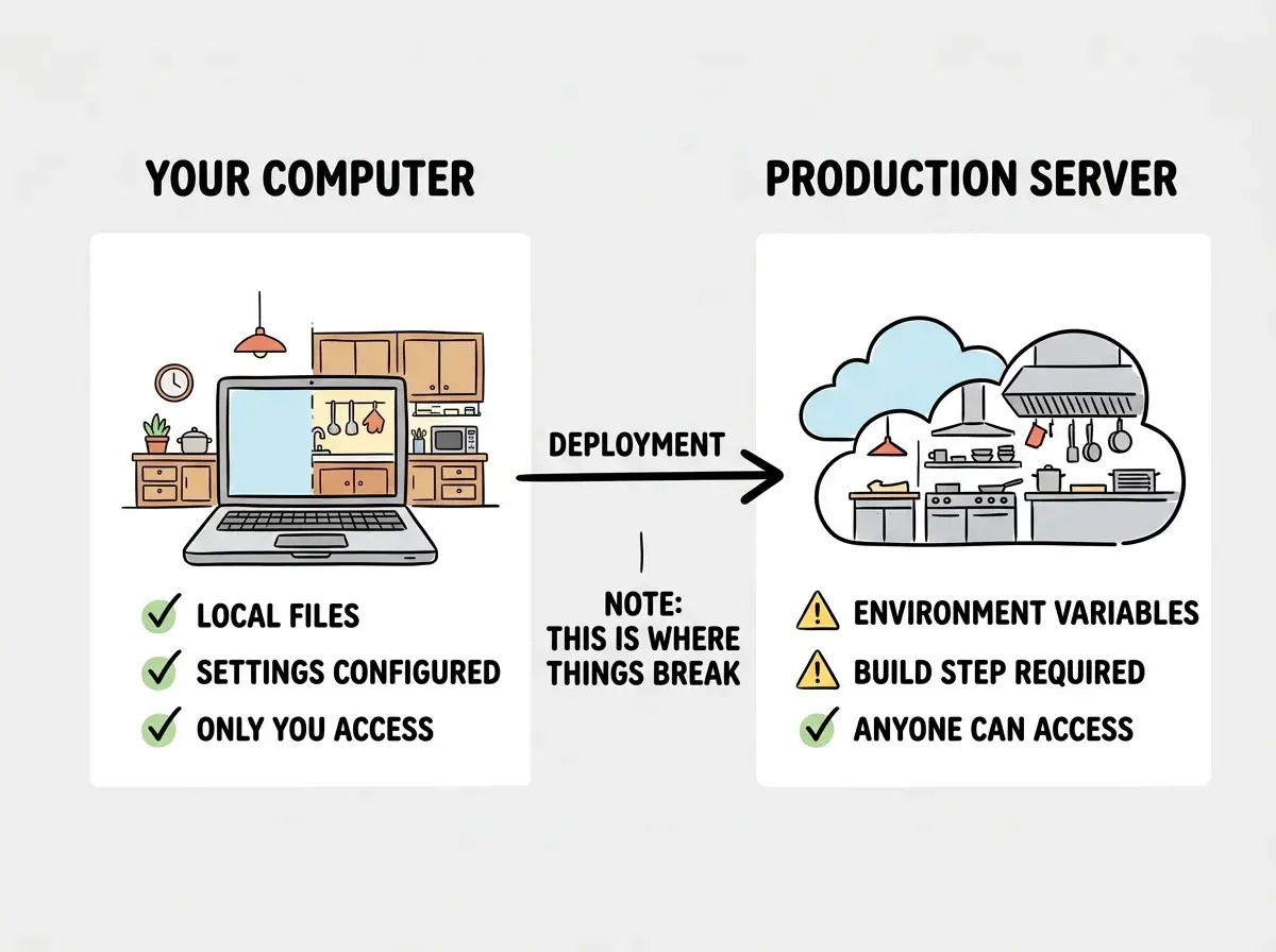 EXPLAINER DIAGRAM: A two-panel comparison diagram. The left panel is labeled YOUR COMPUTER with a laptop icon and shows a cozy home kitchen illustration. Below it, three green checkmarks read LOCAL FILES AVAILABLE, SETTINGS CONFIGURED, and ONLY YOU CAN ACCESS. The right panel is labeled PRODUCTION SERVER with a cloud and server icon and shows a commercial kitchen illustration. Below it, three items read ENVIRONMENT VARIABLES NEEDED with a yellow warning icon, BUILD STEP REQUIRED with a yellow warning icon, and ANYONE CAN ACCESS with a green checkmark. A large arrow between the two panels reads DEPLOYMENT and below the arrow reads THIS IS WHERE THINGS BREAK. A footer note reads SAME CODE BUT DIFFERENT ENVIRONMENT.