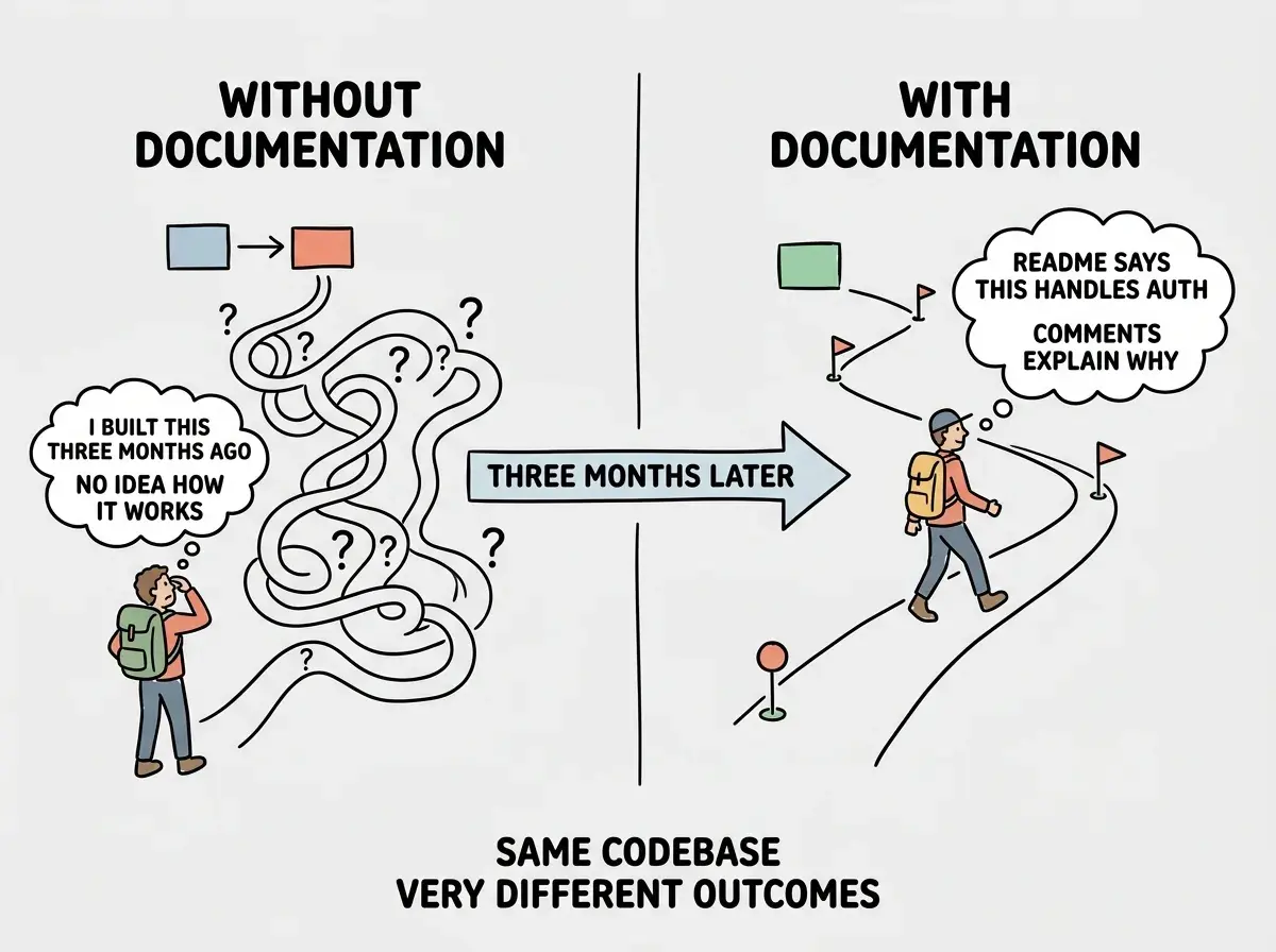 EXPLAINER DIAGRAM: A two-panel comparison. Left panel titled WITHOUT DOCUMENTATION shows a tangled trail with question marks at every fork, a confused hiker figure, and a thought bubble reading I BUILT THIS THREE MONTHS AGO AND HAVE NO IDEA HOW IT WORKS. Right panel titled WITH DOCUMENTATION shows a clean trail with clear markers at each fork, a confident hiker figure, and a thought bubble reading THE README SAYS THIS HANDLES AUTHENTICATION AND THE COMMENTS EXPLAIN WHY. Below both panels a timeline arrow labeled THREE MONTHS LATER connects them with the text SAME CODEBASE AND SAME BUILDER AND VERY DIFFERENT OUTCOMES.