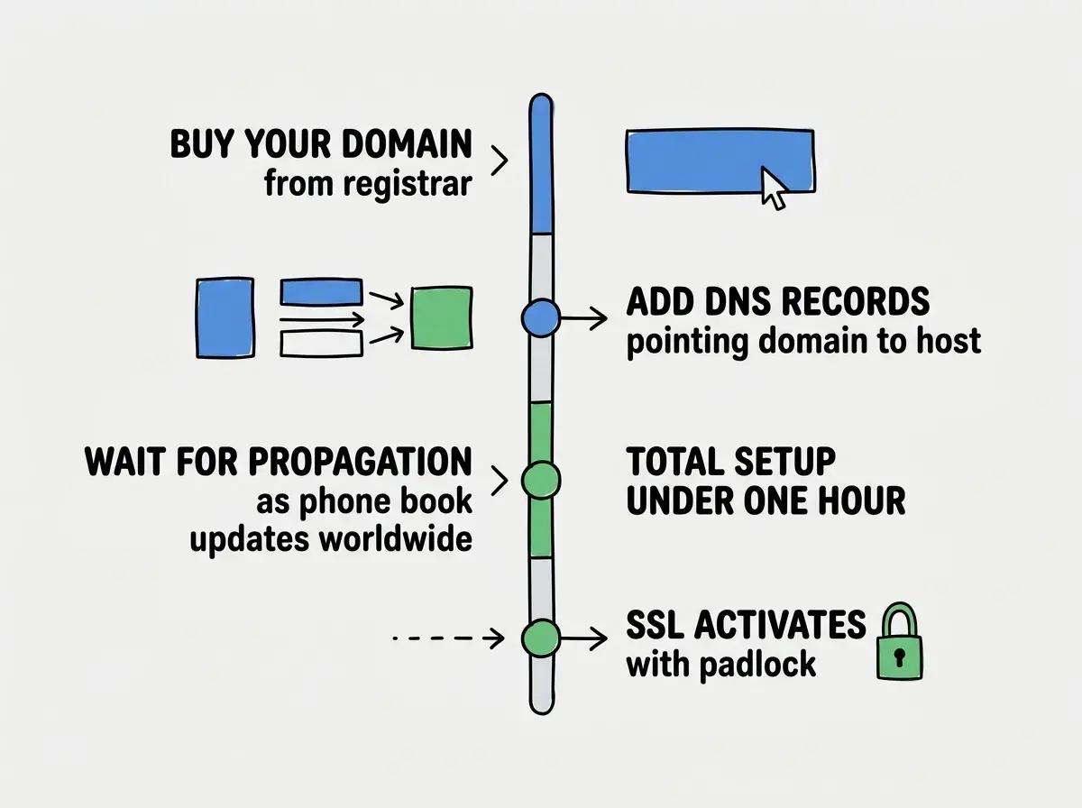 EXPLAINER DIAGRAM: A four-step vertical flow diagram. Step 1 shows a storefront icon with a name tag and reads BUY YOUR DOMAIN from a registrar like Namecheap or Cloudflare. Step 2 shows a phone book icon with an arrow connecting a name to a number and reads ADD DNS RECORDS to point the domain to your hosting provider. Step 3 shows a globe with circular arrows suggesting propagation and reads WAIT FOR PROPAGATION as the phone book updates worldwide, typically under one hour. Step 4 shows a padlock icon and reads SSL ACTIVATES AUTOMATICALLY giving your site the https padlock. A vertical timeline bar on the left connects all four steps. A note at the bottom reads TOTAL SETUP TIME IS USUALLY UNDER ONE HOUR PLUS PROPAGATION.