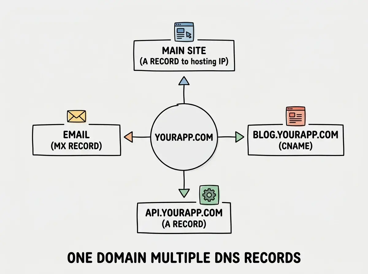 EXPLAINER DIAGRAM: A central circle labeled YOURAPP.COM has four branches radiating outward. The top branch leads to a box labeled MAIN SITE with the A RECORD pointing to the hosting server IP address. The right branch leads to a box labeled BLOG.YOURAPP.COM with the CNAME RECORD pointing to the blog hosting provider. The bottom branch leads to a box labeled API.YOURAPP.COM with the A RECORD pointing to the API server. The left branch leads to a box labeled EMAIL with the MX RECORD pointing to the email provider. Each box includes a small icon, a globe for the website, a document for the blog, a gear for the API, and an envelope for email. A footer reads ONE DOMAIN WITH MULTIPLE DNS RECORDS FOR DIFFERENT SERVICES.