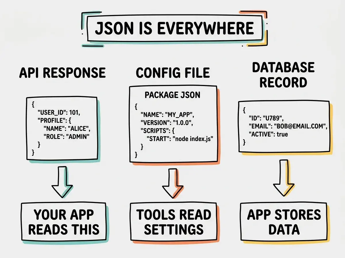 EXPLAINER DIAGRAM: A three-column layout showing common JSON scenarios. Column 1 is labeled API RESPONSE and shows a JSON snippet with keys like status, data, and user nested inside. An arrow points down to a box labeled YOUR APP READS THIS DATA. Column 2 is labeled CONFIG FILE and shows a JSON snippet with keys like name, version, and dependencies. An arrow points down to a box labeled TOOLS READ YOUR SETTINGS. Column 3 is labeled DATABASE RECORD and shows a JSON snippet with keys like id, email, and plan. An arrow points down to a box labeled YOUR APP STORES AND RETRIEVES. A banner across the top reads JSON IS EVERYWHERE IN YOUR PROJECT.