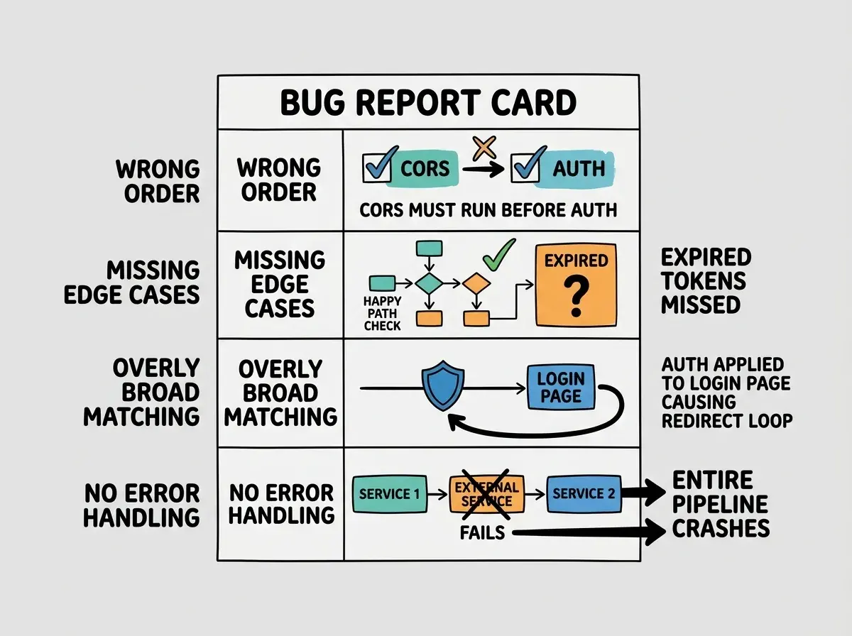 EXPLAINER DIAGRAM: A bug report card with four rows showing common AI middleware mistakes. Row 1 labeled WRONG ORDER shows two checkpoint boxes with arrows between them, with the order swapped and a red warning triangle, captioned CORS MUST RUN BEFORE AUTH FOR PREFLIGHT REQUESTS. Row 2 labeled MISSING EDGE CASES shows a checkpoint box with three paths, happy path with a green check and two edge case paths with red question marks, captioned EXPIRED TOKENS AND REVOKED SESSIONS ARE OFTEN MISSED. Row 3 labeled OVERLY BROAD MATCHING shows a middleware box applying to all routes including a login page, with a circular arrow indicating an infinite redirect loop, captioned PUBLIC PAGES NEED TO BE EXCLUDED FROM AUTH CHECKS. Row 4 labeled NO ERROR HANDLING shows a middleware box with a connection to an external service that has a red X, and the entire pipeline crashing, captioned MIDDLEWARE SHOULD FAIL GRACEFULLY WHEN SERVICES ARE DOWN.
