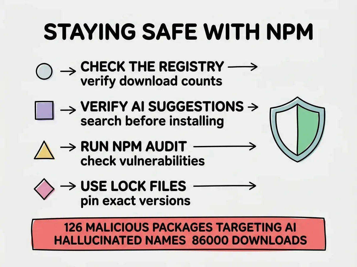 EXPLAINER DIAGRAM: A safety checklist styled as a vertical card with a shield icon at the top. Title reads STAYING SAFE WITH NPM PACKAGES. Four rows, each with an icon and description. Row 1 has a magnifying glass icon labeled CHECK THE REGISTRY with text showing to verify download counts and publish dates on npmjs.com. Row 2 has a robot icon with an X labeled VERIFY AI SUGGESTIONS with text showing to search for the package name before installing. Row 3 has a refresh icon labeled RUN NPM AUDIT with text showing to check for known vulnerabilities regularly. Row 4 has a lock icon labeled USE LOCK FILES with text showing that package-lock.json pins exact versions. At the bottom, a red warning banner reads 126 MALICIOUS PACKAGES FOUND TARGETING AI HALLUCINATED NAMES WITH OVER 86,000 DOWNLOADS.