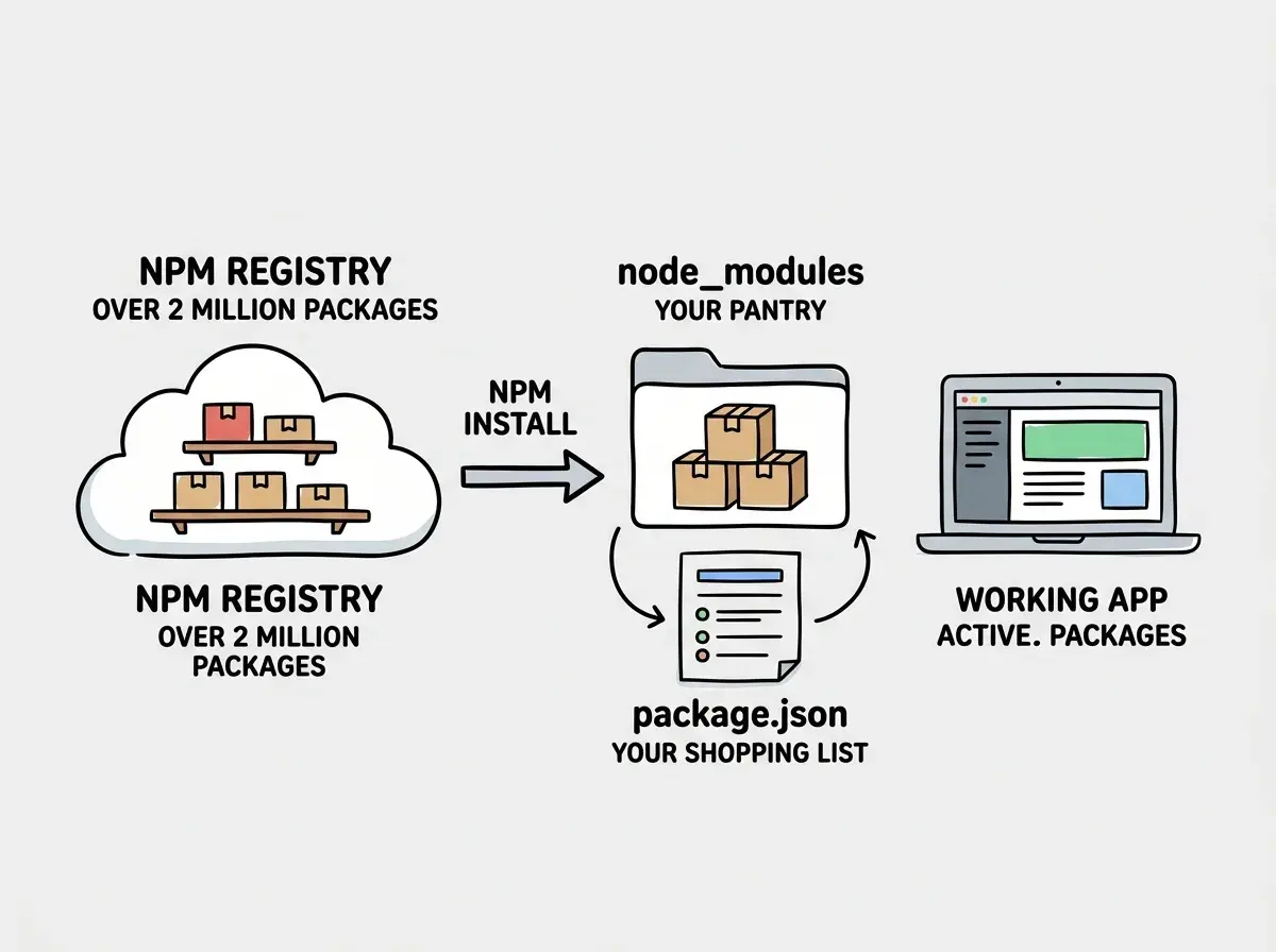 EXPLAINER DIAGRAM: A three-part horizontal flow diagram. Left section shows a cloud shape labeled NPM REGISTRY with subtitle OVER 2 MILLION PACKAGES and small icons representing popular packages like React, Express, and Lodash on shelves. A large arrow labeled npm install points from the registry to the middle section, which shows a folder icon labeled node_modules with subtitle YOUR PROJECT'S PANTRY containing stacked package boxes. Below the node_modules folder is a document icon labeled package.json with subtitle YOUR SHOPPING LIST showing a simplified list of package names and version numbers. Right section shows a laptop with a working app, with an arrow from node_modules labeled YOUR APP USES THESE.