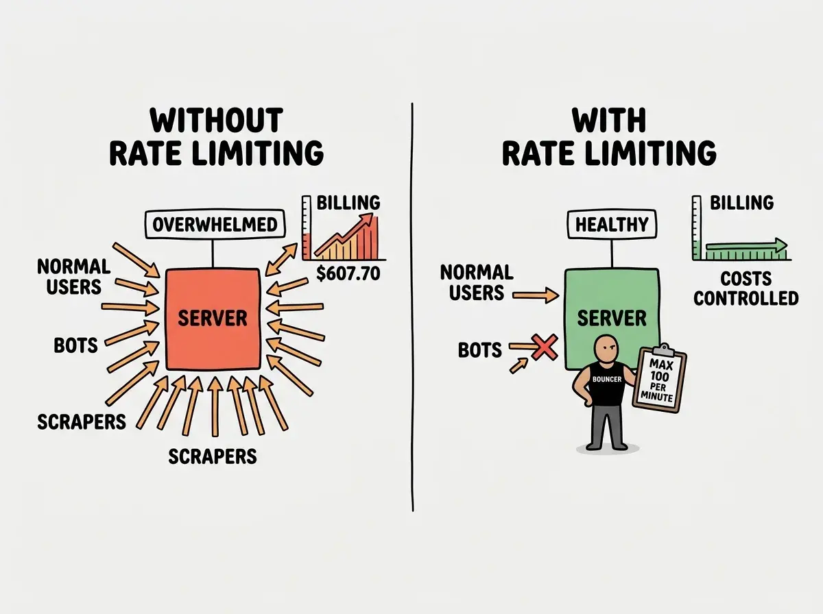 EXPLAINER DIAGRAM: A split-screen comparison diagram. LEFT side labeled WITHOUT RATE LIMITING shows a server icon in the center being hit by dozens of arrow lines from multiple sources labeled NORMAL USERS, BOTS, and SCRAPERS all flooding in simultaneously. Below the server, a billing meter icon shows a dollar amount rapidly climbing with the text COSTS SPIRAL with a real stat callout showing $607.70 IN DAYS. The server has a red warning indicator labeled OVERWHELMED. RIGHT side labeled WITH RATE LIMITING shows the same server but with a bouncer figure standing in front. The bouncer has a clipboard showing MAX 100 REQUESTS PER MINUTE PER USER. Normal user arrows pass through at a controlled rate. Bot and scraper arrows are blocked with red X marks. The server has a green indicator labeled HEALTHY. Below the server, the billing meter shows a stable, low dollar amount labeled COSTS CONTROLLED.