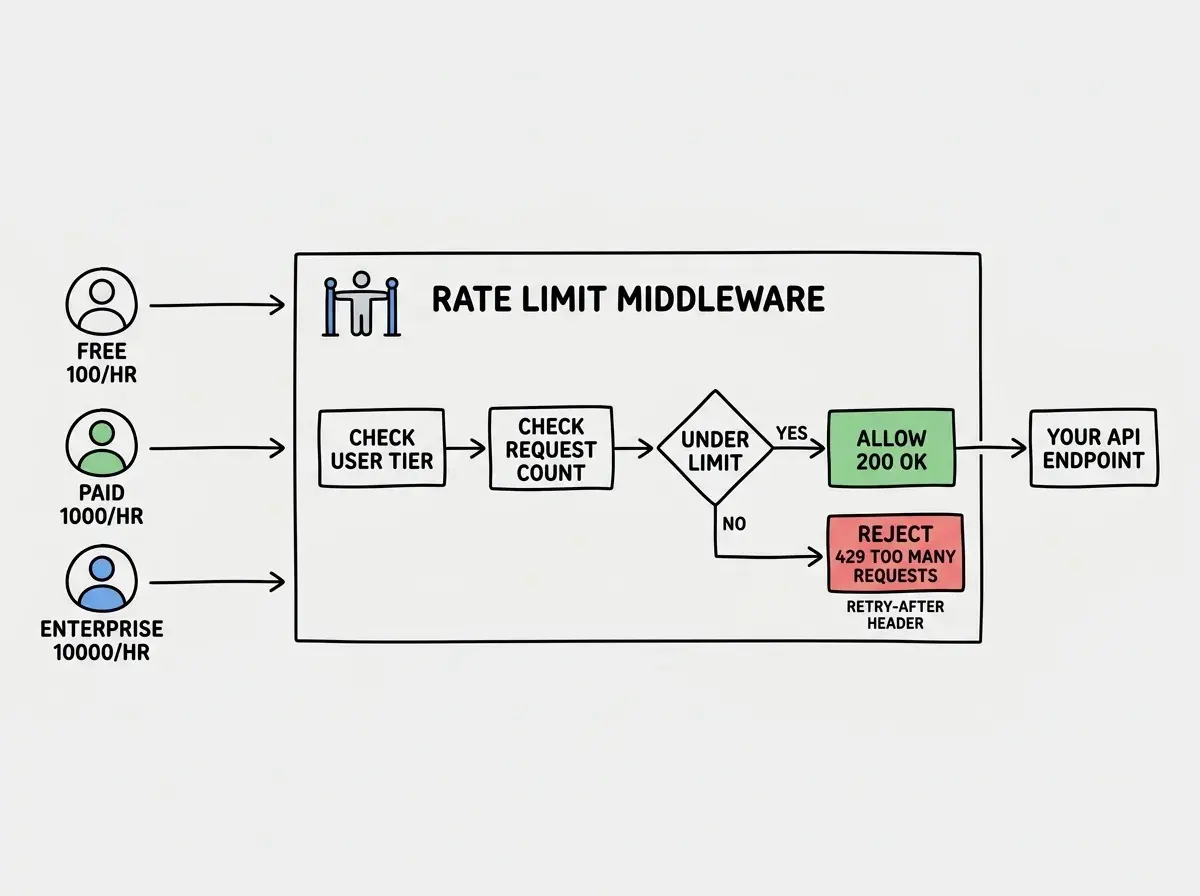 EXPLAINER DIAGRAM: A horizontal flow diagram showing a request passing through rate limiting middleware. On the far left, three different user icons are stacked vertically, labeled FREE USER (with a tag showing 100 per hour), PAID USER (with a tag showing 1000 per hour), and ENTERPRISE USER (with a tag showing 10000 per hour). Each user has an arrow pointing right toward a central box labeled RATE LIMIT MIDDLEWARE with a bouncer icon. Inside the middleware box, a flowchart shows CHECK USER TIER leading to CHECK REQUEST COUNT leading to a diamond decision node labeled UNDER LIMIT with YES going right to a green box labeled ALLOW and a 200 OK status, and NO going down to a red box labeled REJECT with a 429 TOO MANY REQUESTS status and a RETRY-AFTER HEADER note. The ALLOW arrow continues right to a final box labeled YOUR API ENDPOINT.