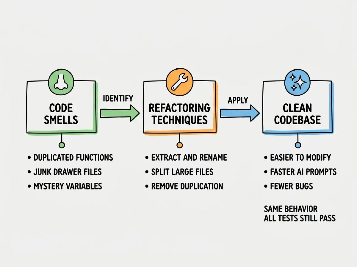 EXPLAINER DIAGRAM: A horizontal flowchart with three stages connected by arrows. Stage 1 labeled CODE SMELLS shows a nose icon with wavy lines and three items listed below: Duplicated Functions, Junk Drawer Files, Mystery Variables. An arrow labeled IDENTIFY points to Stage 2 labeled REFACTORING TECHNIQUES showing a wrench icon with three items listed below: Extract and Rename, Split Large Files, Remove Duplication. An arrow labeled APPLY points to Stage 3 labeled CLEAN CODEBASE showing a sparkle icon with three items listed below: Easier to Modify, Faster AI Prompts, Fewer Bugs. Below the entire flowchart a note reads SAME BEHAVIOR THROUGHOUT and ALL TESTS STILL PASS.
