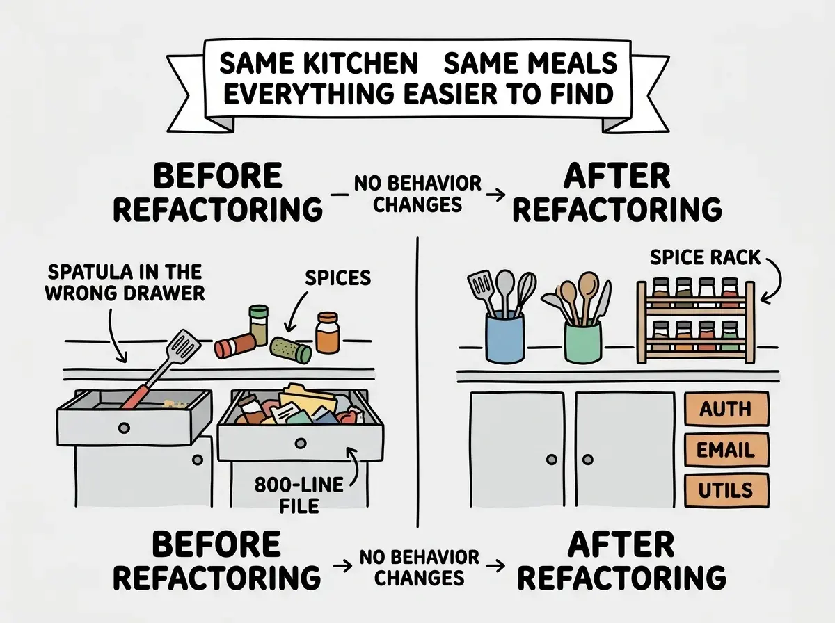 EXPLAINER DIAGRAM: A two-column comparison layout. Left column labeled BEFORE REFACTORING shows a messy kitchen illustration with items scattered everywhere: a spatula icon in a drawer with scissors and tape, spice jar icons spread across counter, fridge top, and pantry, and a large overflowing junk drawer labeled 800-LINE FILE. Right column labeled AFTER REFACTORING shows the same kitchen organized: spatula grouped with cooking utensils in a labeled drawer, all spices in a labeled spice rack, and the junk drawer replaced by three small labeled drawers reading AUTH, EMAIL, and UTILS. A banner across the bottom reads SAME KITCHEN, SAME MEALS, EVERYTHING EASIER TO FIND. Arrows between the two columns are labeled NO BEHAVIOR CHANGES.