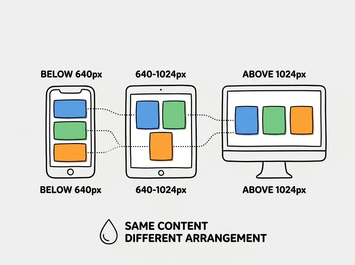 EXPLAINER DIAGRAM: Three device outlines arranged left to right showing the same three product cards adapting to each screen. On the left, a phone outline (labeled BELOW 640px) shows three cards stacked vertically in a single column. In the middle, a tablet outline (labeled 640px TO 1024px) shows two cards in the first row and one card in the second row. On the right, a desktop monitor outline (labeled ABOVE 1024px) shows all three cards side by side in a single row. Dotted lines connect each card across all three devices to show they are the same content. A water drop icon appears above with the label SAME CONTENT AND DIFFERENT ARRANGEMENT.