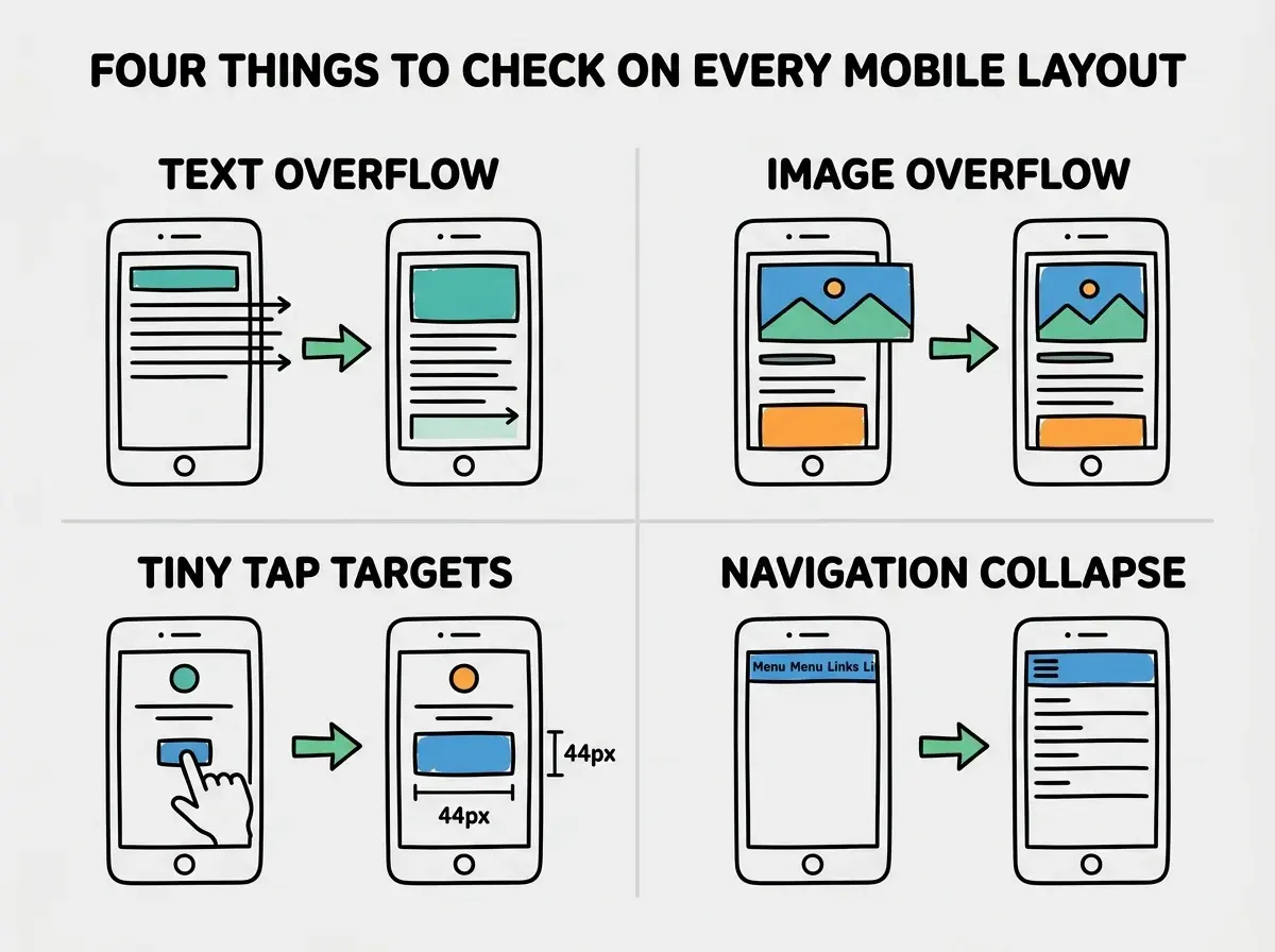 EXPLAINER DIAGRAM: Four panels in a two-by-two grid, each showing a common responsive problem. Top left panel labeled TEXT OVERFLOW shows a phone screen with a long heading extending past the right edge, with a red arrow pointing to the overflow area and a green checkmark next to a corrected version where the text wraps. Top right panel labeled IMAGE OVERFLOW shows a phone with a wide image breaking the layout, next to a corrected version where the image scales to fit. Bottom left panel labeled TINY TAP TARGETS shows a finger icon trying to tap a small button on a phone with a miss indicator, next to a corrected version with a larger 44px button. Bottom right panel labeled NAVIGATION COLLAPSE shows a desktop nav bar with seven items crammed onto a phone screen, next to a corrected version using a hamburger menu icon. A banner reads FOUR THINGS TO CHECK ON EVERY MOBILE LAYOUT.