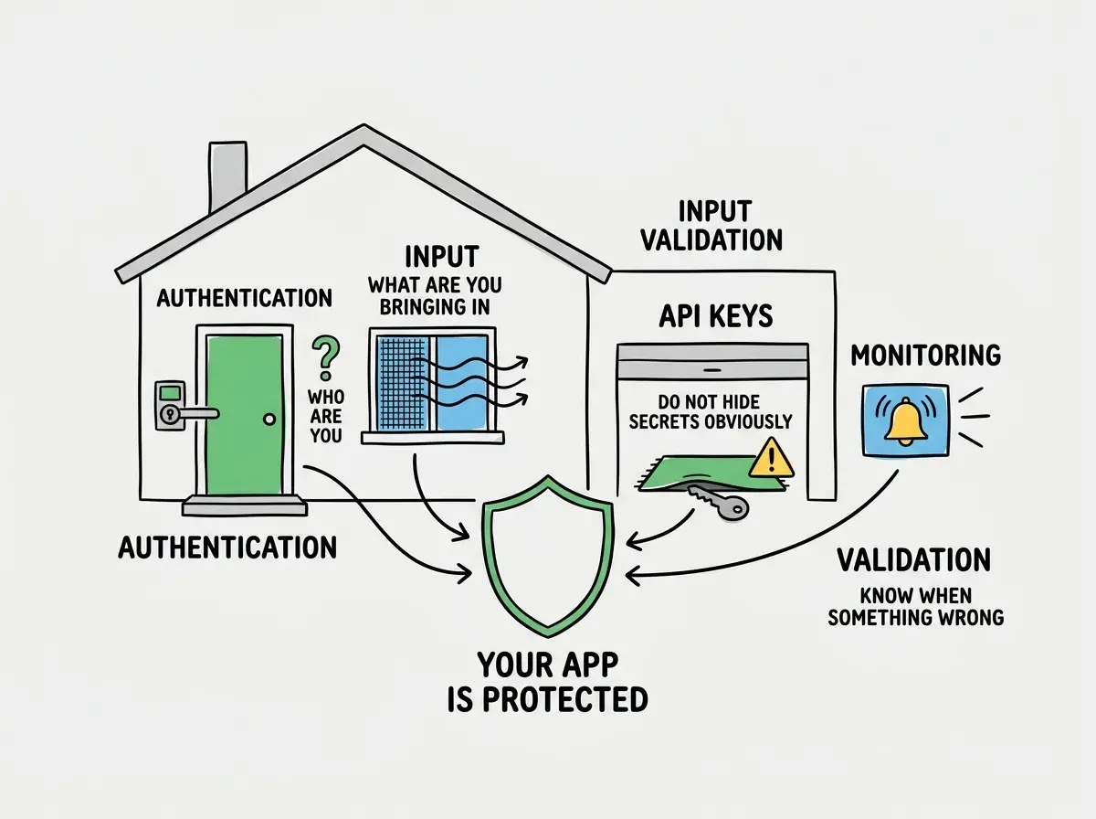 EXPLAINER DIAGRAM: A house cross-section with four labeled entry points. The front door on the left is labeled AUTHENTICATION with a deadbolt icon and the text WHO ARE YOU. A window on the right side is labeled INPUT VALIDATION with a screen filter icon and the text WHAT ARE YOU BRINGING IN. The garage at the bottom is labeled API KEYS with a key-under-doormat icon and the text DO NOT HIDE SECRETS IN OBVIOUS PLACES. An alarm panel on the interior wall is labeled MONITORING with a bell icon and the text KNOW WHEN SOMETHING IS WRONG. Arrows from each entry point converge to a central shield icon labeled YOUR APP IS PROTECTED.