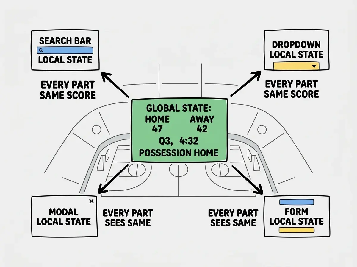 EXPLAINER DIAGRAM: A basketball arena layout seen from above. In the center is a large scoreboard labeled GLOBAL STATE showing Home Score 47, Away Score 42, Quarter 3, Time 4 minutes 32 seconds, and Possession Home. Around the arena are four smaller panels, each attached to a different section. One panel labeled SEARCH BAR LOCAL STATE shows typed text as react tu. Another labeled DROPDOWN LOCAL STATE shows status as open. A third labeled MODAL LOCAL STATE shows visibility as hidden. A fourth labeled FORM LOCAL STATE shows field values for name and email. Arrows from the global scoreboard point outward to all sections with the label EVERY PART OF THE ARENA SEES THE SAME SCORE. The local panels each have a note reading ONLY THIS SECTION NEEDS THIS INFO.