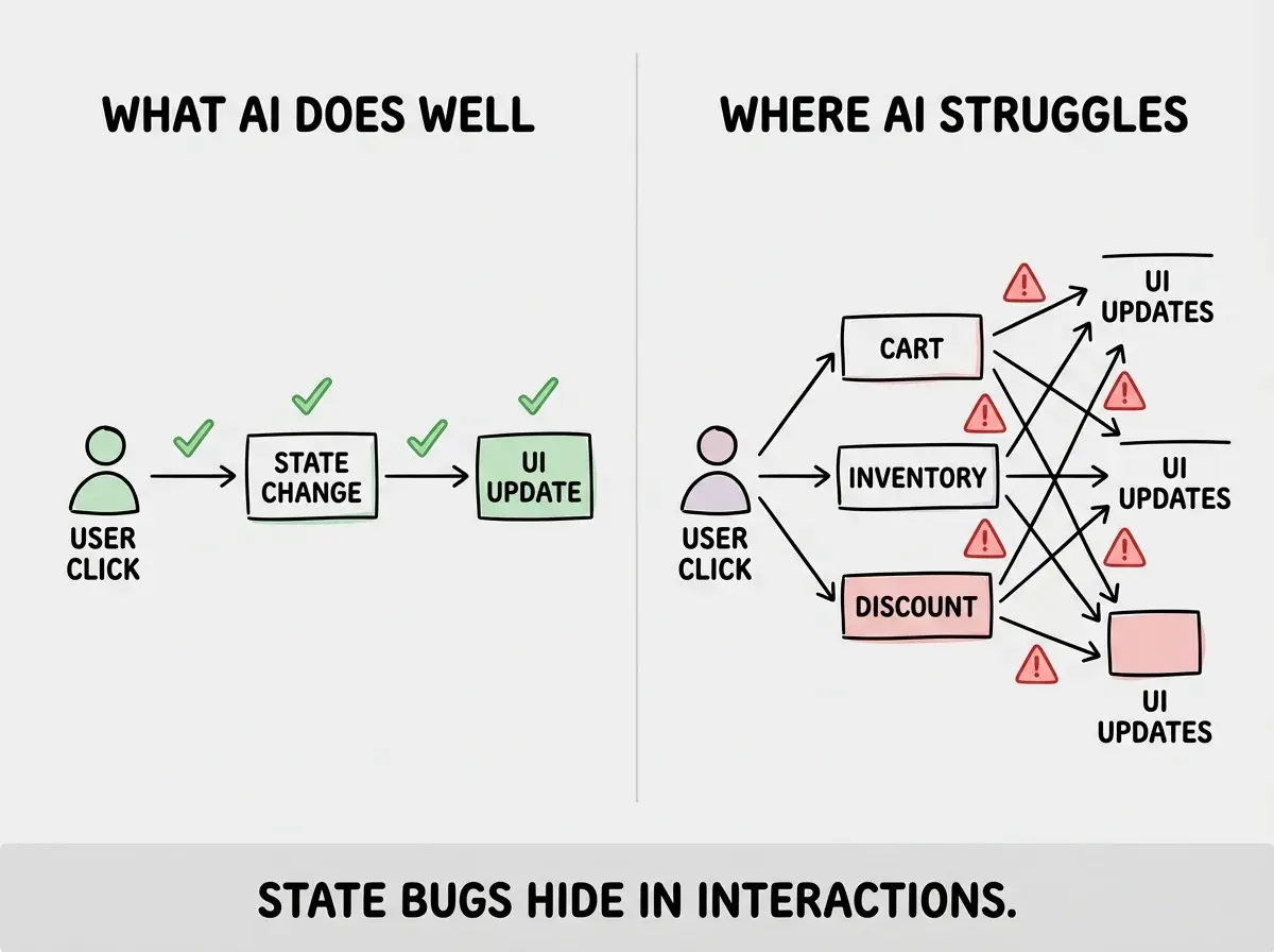 EXPLAINER DIAGRAM: A split comparison diagram. The left side is labeled WHAT AI TOOLS DO WELL and shows a simple flow from a single User Click event arrow to a single State Change box to a single UI Update box, all connected linearly with green checkmarks. The right side is labeled WHERE AI TOOLS STRUGGLE and shows a complex web where a single User Click event connects to three State Change boxes labeled Cart Update, Inventory Check, and Discount Calculation. These three boxes have crisscrossing arrows between them and all connect to multiple UI Update boxes labeled Cart Badge, Total Price, Stock Warning, and Discount Display. Red warning triangles sit on the crossing arrows. A footer reads STATE BUGS USUALLY HIDE IN THE INTERACTIONS BETWEEN MULTIPLE STATE CHANGES.