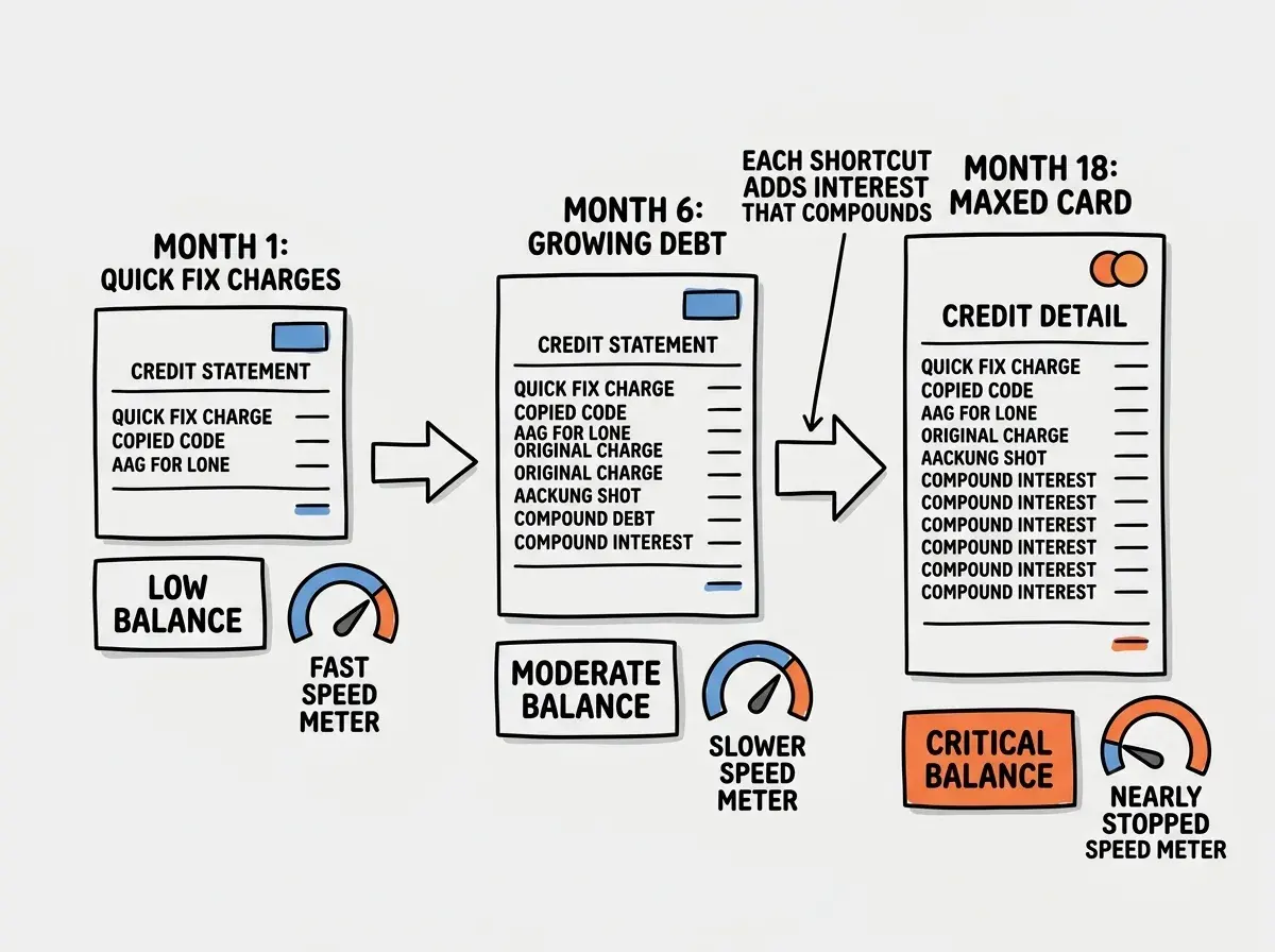 EXPLAINER DIAGRAM: A timeline showing three stages of technical debt accumulation. Stage 1 on the left labeled MONTH 1 shows a simple credit card statement with two small charges labeled QUICK FIX and COPIED CODE with a total balance of LOW and a speed meter reading FAST DEVELOPMENT. Stage 2 in the middle labeled MONTH 6 shows a longer statement with eight charges and accumulating interest labeled COMPOUND INTEREST with a total balance of MODERATE and a speed meter reading SLOWER DEVELOPMENT. Stage 3 on the right labeled MONTH 18 shows a maxed-out credit card with a long list of charges plus interest charges that exceed the original purchases with a total balance of CRITICAL and a speed meter reading NEARLY STOPPED. An arrow below connects all three stages with the text EACH SHORTCUT ADDS INTEREST THAT COMPOUNDS OVER TIME.