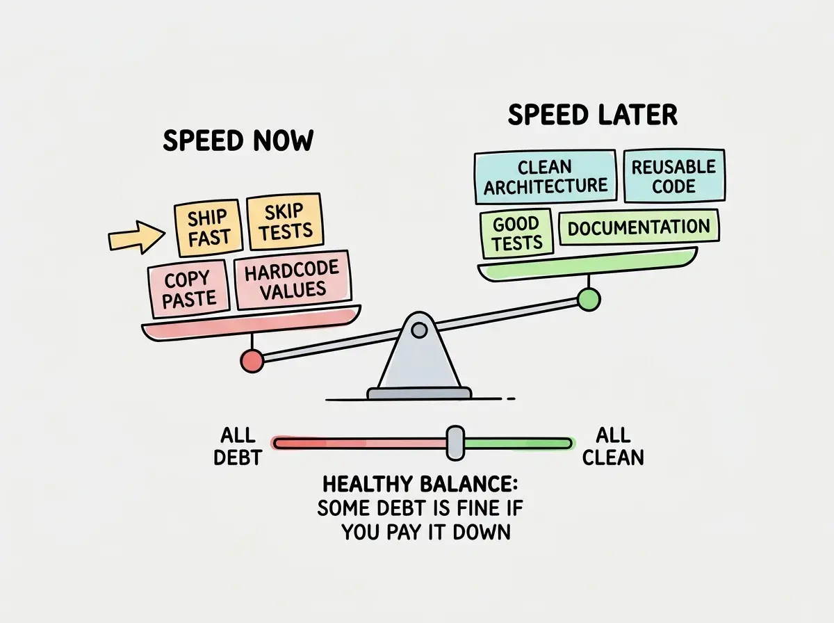 EXPLAINER DIAGRAM: A balance scale diagram. The left side of the scale is labeled SPEED NOW and contains a stack of boxes labeled SHIP FAST, SKIP TESTS, COPY PASTE, and HARDCODE VALUES, with the scale tipping down under their weight. The right side is labeled SPEED LATER and contains a stack of boxes labeled CLEAN ARCHITECTURE, REUSABLE CODE, GOOD TESTS, and DOCUMENTATION, with the scale tipping up because it is lighter. Below the scale a sliding indicator labeled YOUR BALANCE moves between two endpoints: ALL DEBT on the left with a red warning icon and ALL CLEAN on the right with a green checkmark icon. The indicator sits slightly left of center with a label reading HEALTHY BALANCE and the text SOME DEBT IS FINE AS LONG AS YOU PAY IT DOWN REGULARLY.