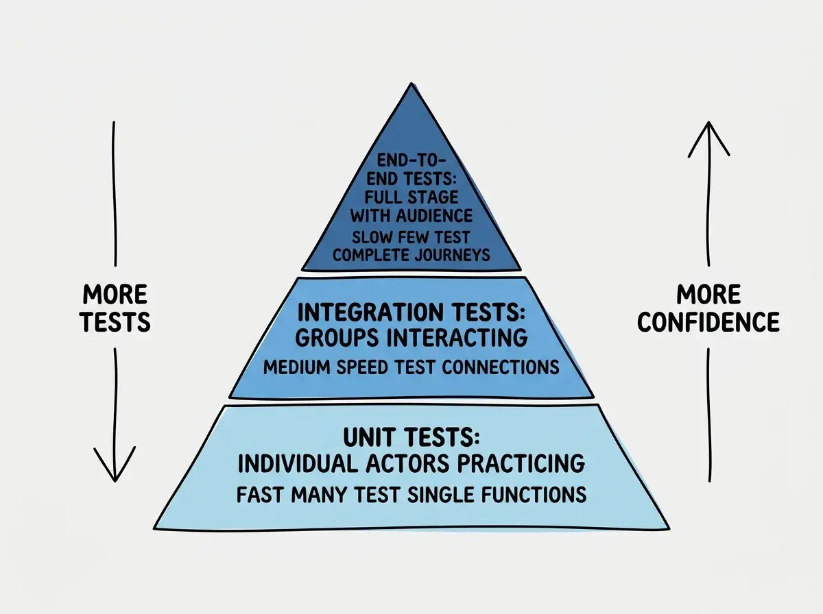 EXPLAINER DIAGRAM: A pyramid diagram with three horizontal layers. The bottom layer is the widest, colored light blue, labeled UNIT TESTS with the subtitle REHEARSE INDIVIDUAL SCENES showing three small icons of individual actors practicing lines. A note reads 'Fast, many, test single functions.' The middle layer is medium width, colored medium blue, labeled INTEGRATION TESTS with the subtitle REHEARSE SCENE TRANSITIONS showing two groups of actors interacting. A note reads 'Medium speed, test how pieces connect.' The top layer is the narrowest, colored dark blue, labeled END-TO-END TESTS with the subtitle FULL DRESS REHEARSAL showing a complete stage with curtains and audience. A note reads 'Slow, few, test complete user journeys.' An arrow on the left side reads MORE TESTS going downward, and an arrow on the right side reads MORE CONFIDENCE going upward.