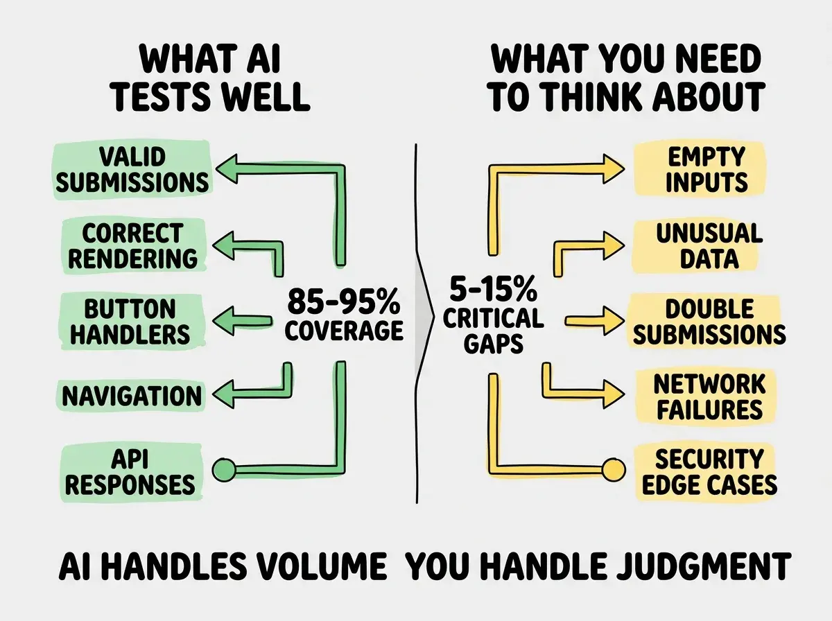 EXPLAINER DIAGRAM: A two-column comparison chart. Left column labeled WHAT AI TESTS WELL has a green background and lists five items with checkmarks: 'Valid form submissions,' 'Correct data rendering,' 'Button click handlers,' 'Navigation between pages,' and 'Standard API responses.' Right column labeled WHAT YOU NEED TO THINK ABOUT has a yellow background and lists five items with warning triangles: 'Empty or missing inputs,' 'Extremely long or unusual data,' 'Double submissions and race conditions,' 'Network failures mid-action,' and 'Security and authorization edge cases.' A dividing bar between the columns reads 85-95% COVERAGE with an arrow pointing left and 5-15% CRITICAL GAPS with an arrow pointing right. A footer reads THE AI HANDLES THE VOLUME BUT YOU HANDLE THE JUDGMENT.