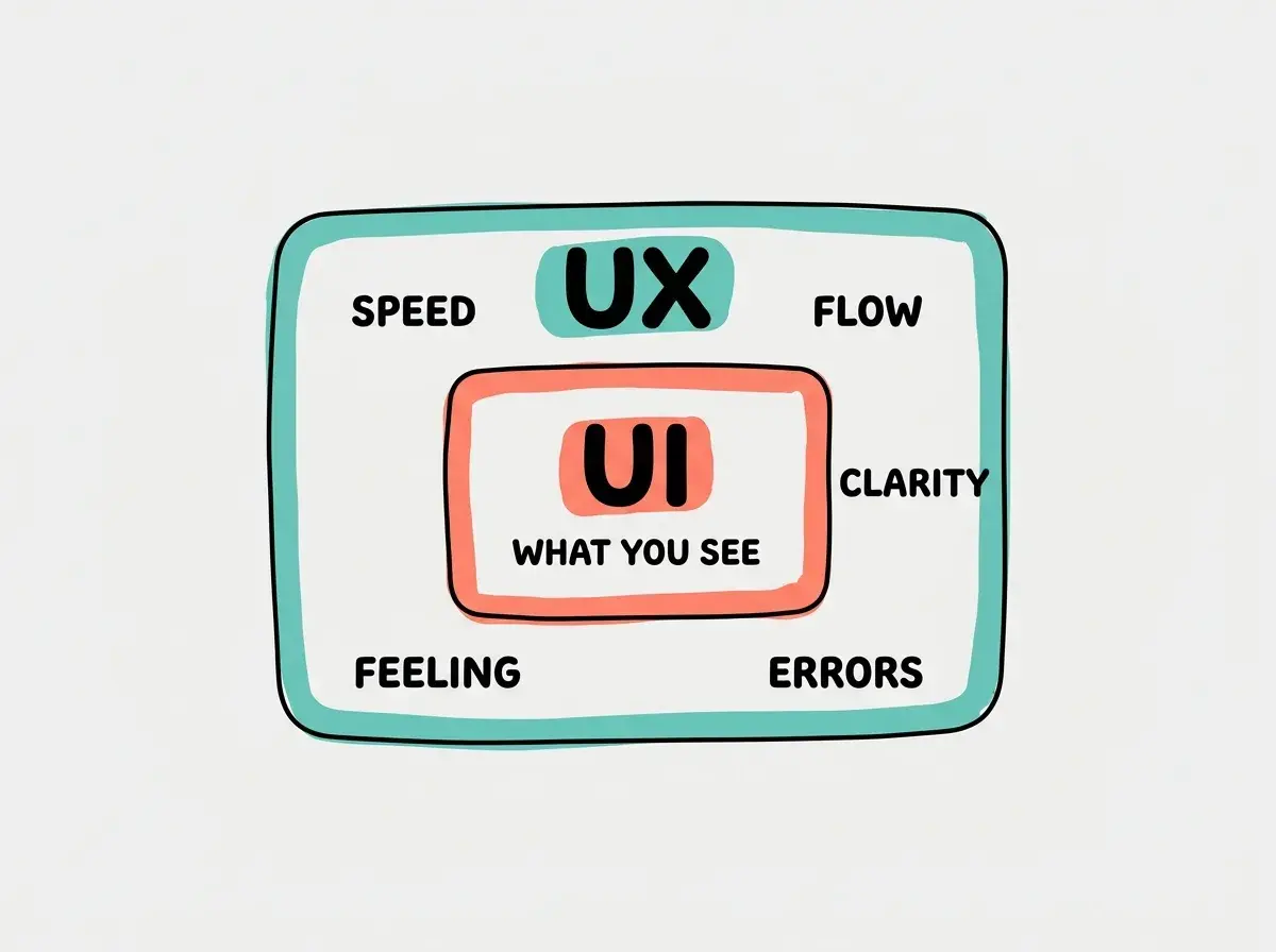 Nested rectangles: small inner UI rectangle in coral labeled WHAT YOU SEE, large outer UX rectangle in teal with SPEED, FLOW, CLARITY, ERRORS, FEELING around edges
