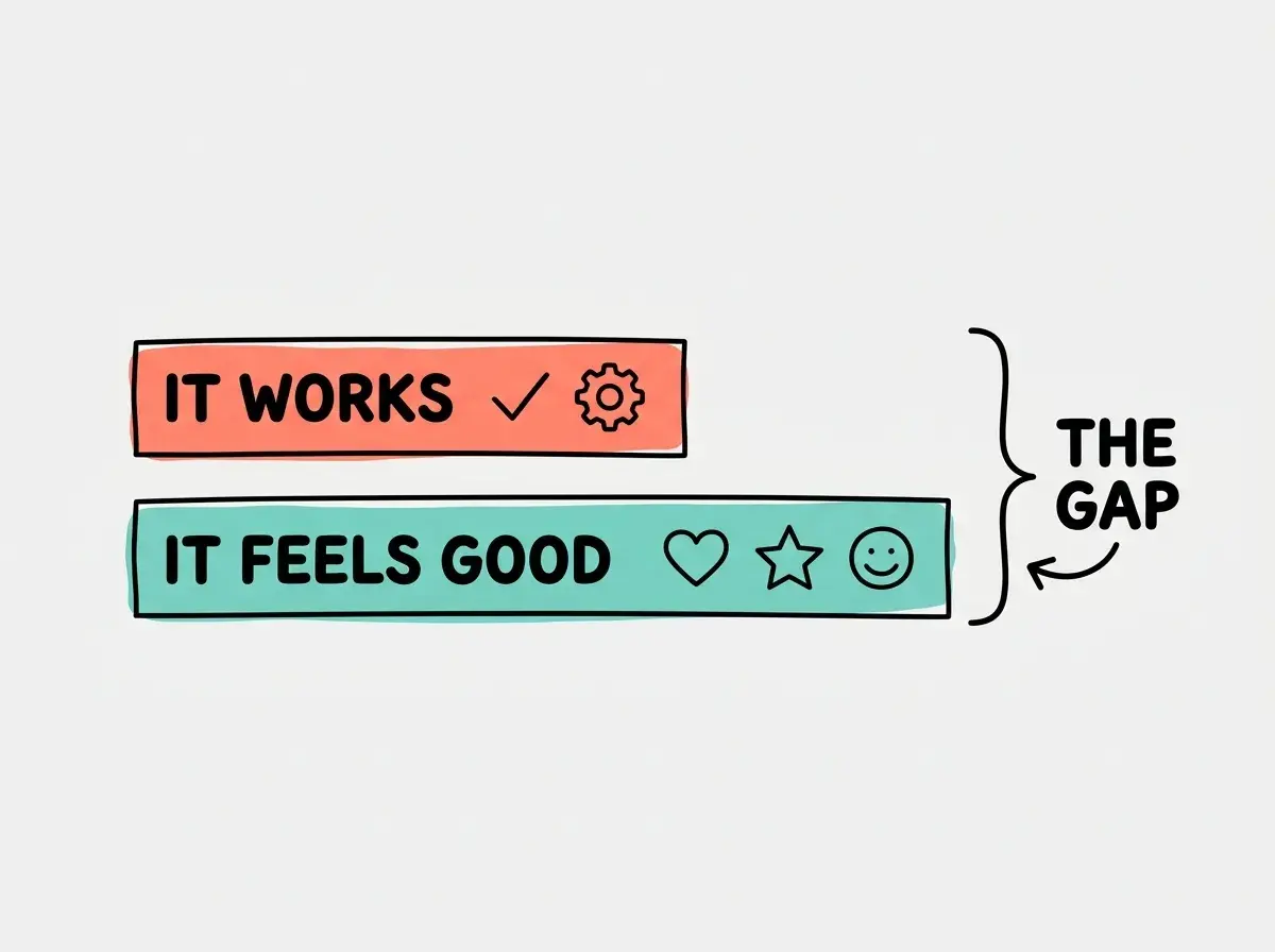 Two bars compared: small IT WORKS bar in coral with basic icons, much larger IT FEELS GOOD bar in teal with experience icons, bracket showing THE GAP between them